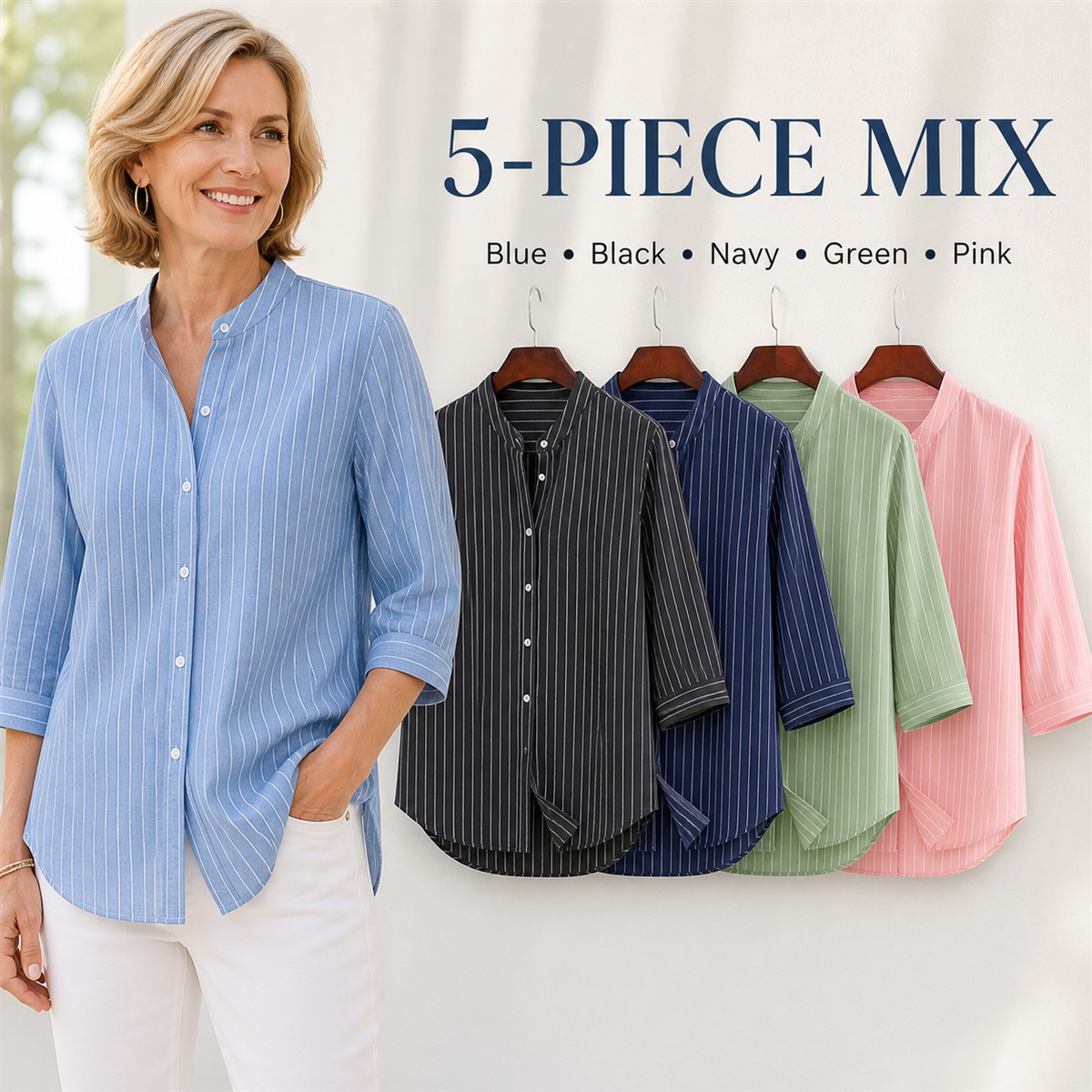 Women's Striped Band-Collar Three-Quarter Sleeve Button-Front Shirt - 5-Piece Classic Color Set - $30.99