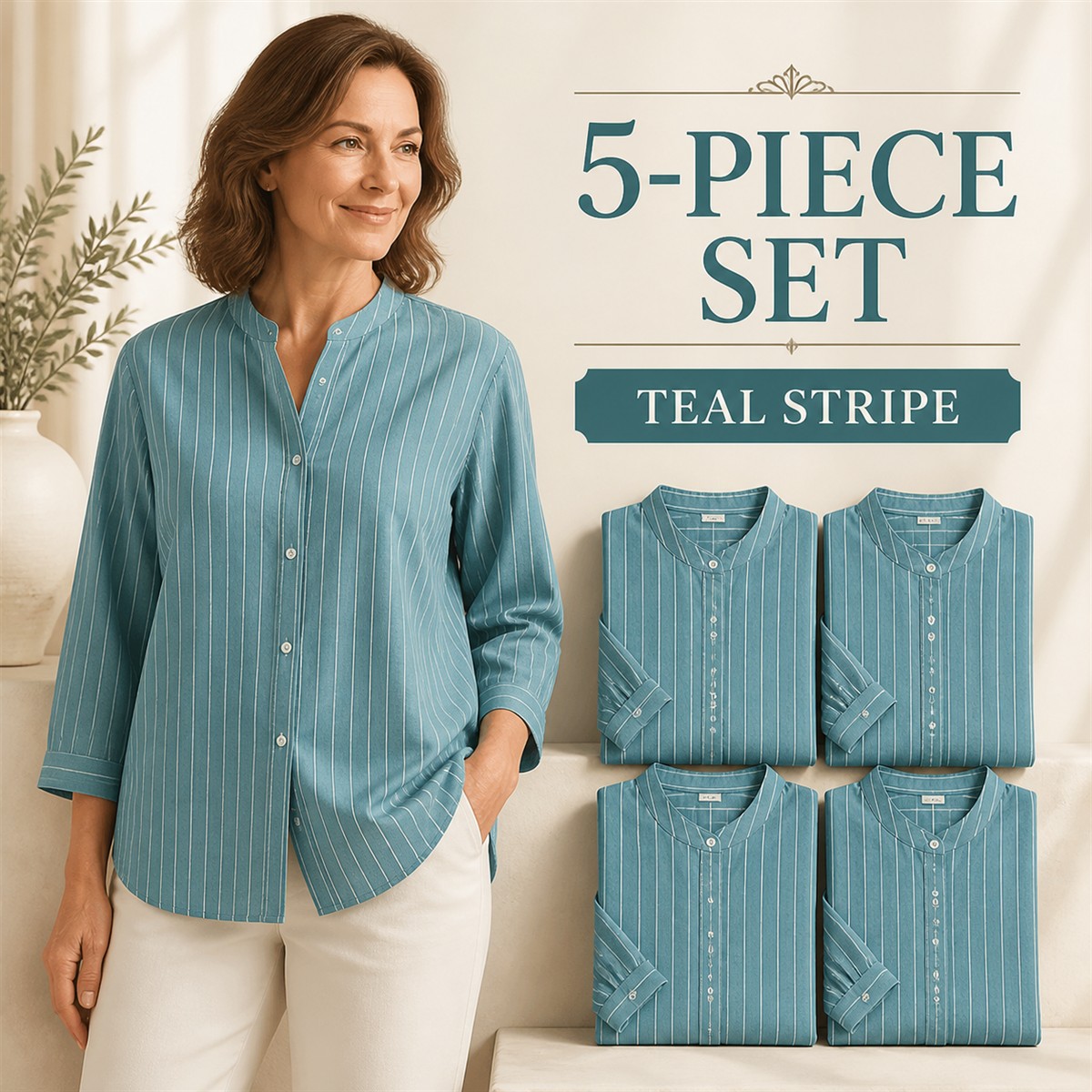 Women's Striped Band-Collar Three-Quarter Sleeve Button-Front Shirt - 5-Piece Teal Stripe Set - $22.99