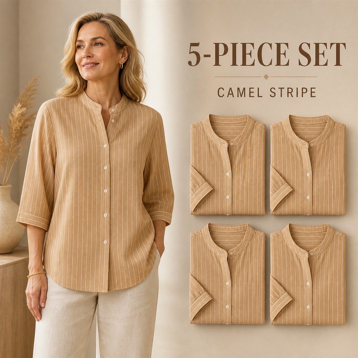 Women's Striped Band-Collar Three-Quarter Sleeve Button-Front Shirt - 5-Piece Camel Stripe Set - $22.99