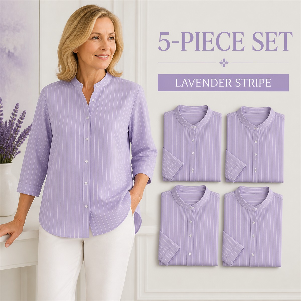 Women's Striped Band-Collar Three-Quarter Sleeve Button-Front Shirt - 5-Piece Lavender Stripe Set - $22.99