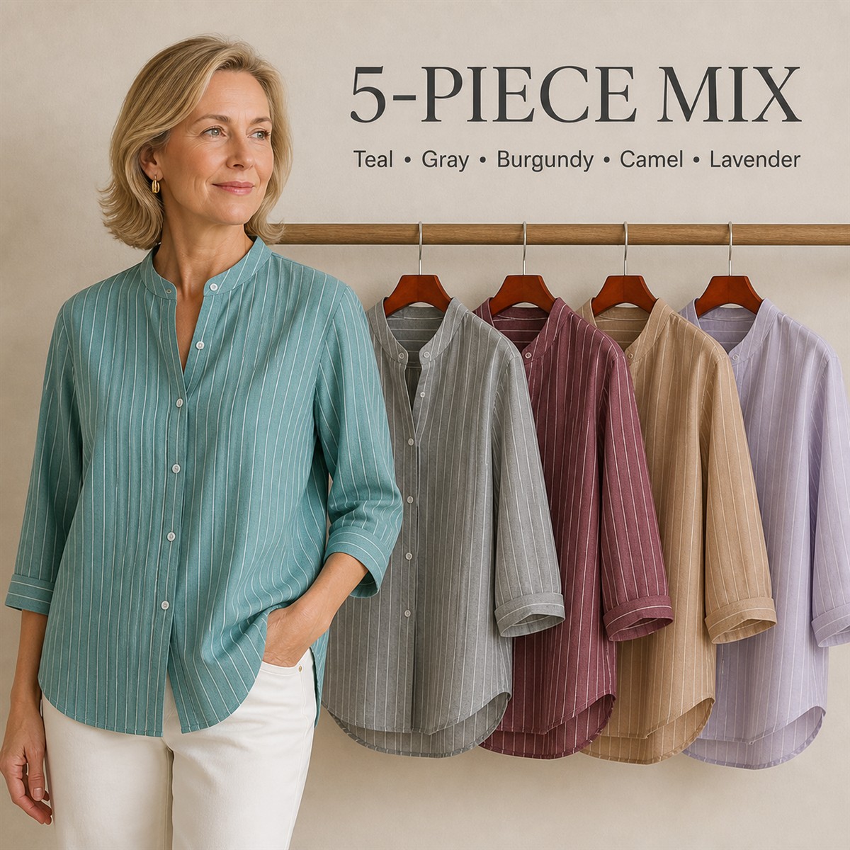 Women's Striped Band-Collar Three-Quarter Sleeve Button-Front Shirt - 5-Piece Soft Color Set - $30.99