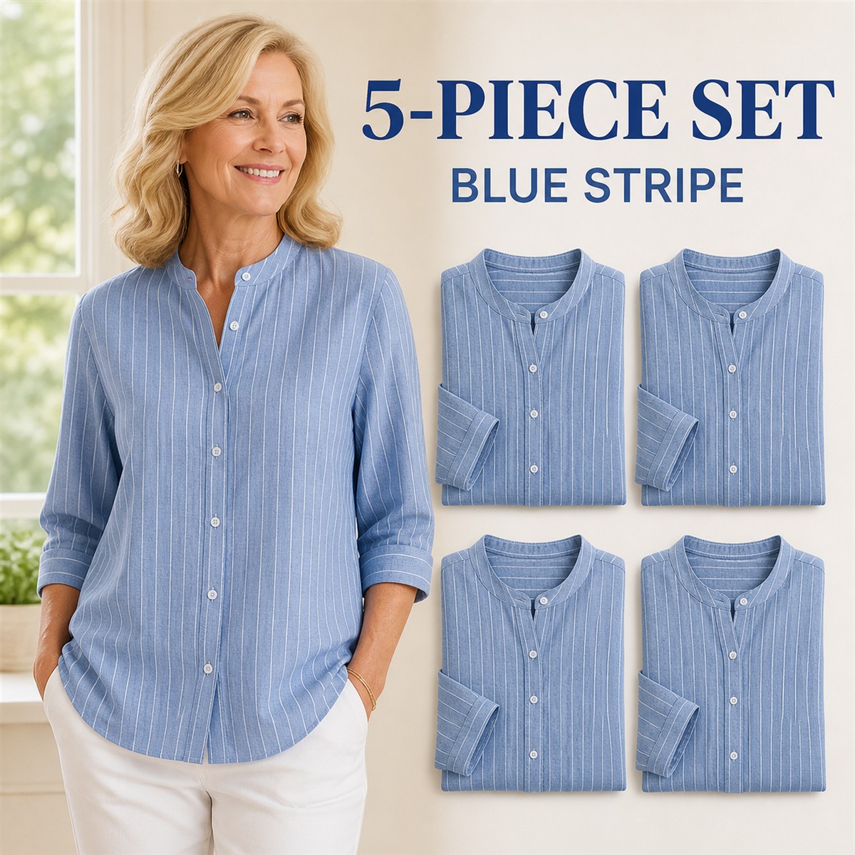 Women's Striped Band-Collar Three-Quarter Sleeve Button-Front Shirt - 5-Piece Blue Stripe Set - $22.99