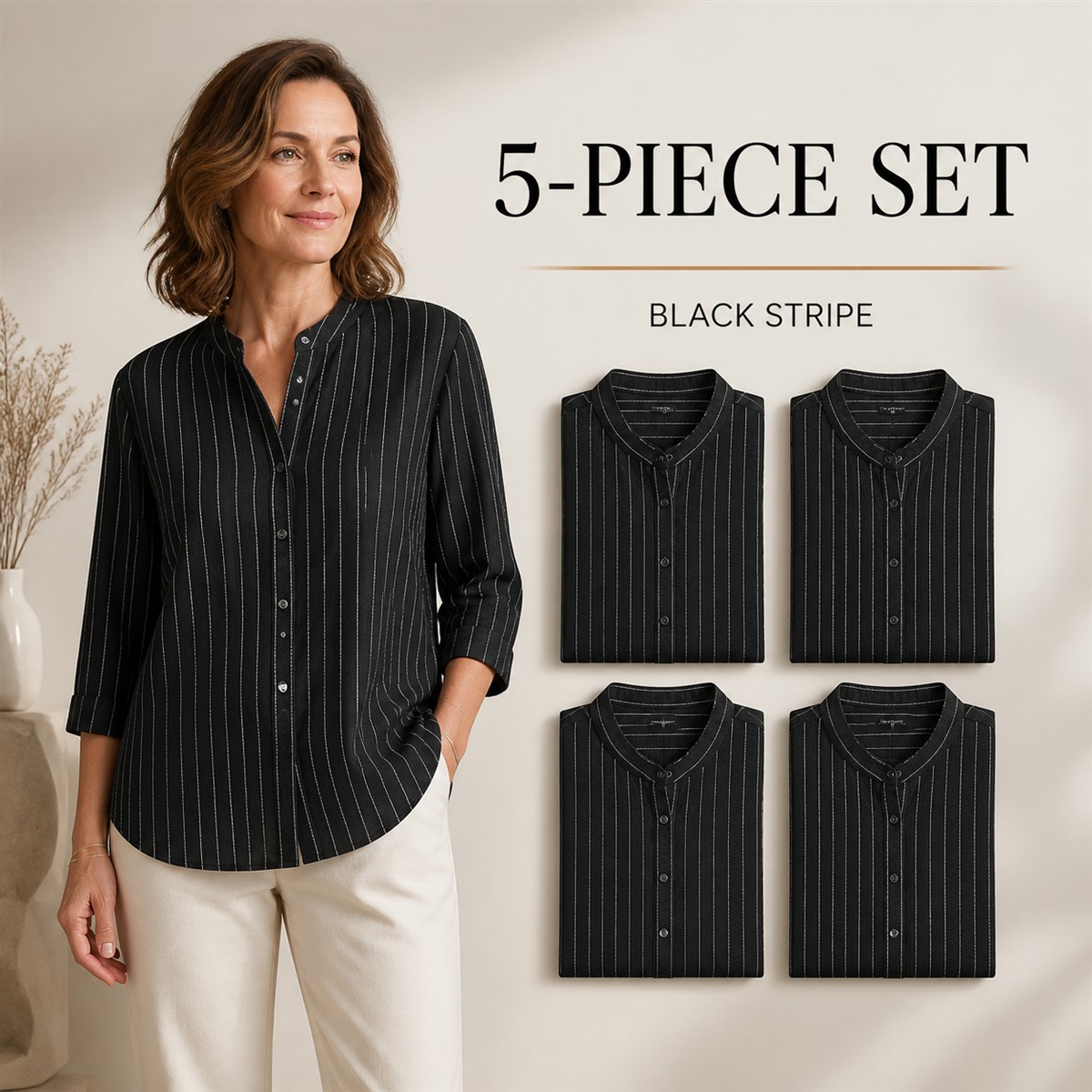 Women's Striped Band-Collar Three-Quarter Sleeve Button-Front Shirt - 5-Piece Black Stripe Set - $22.99