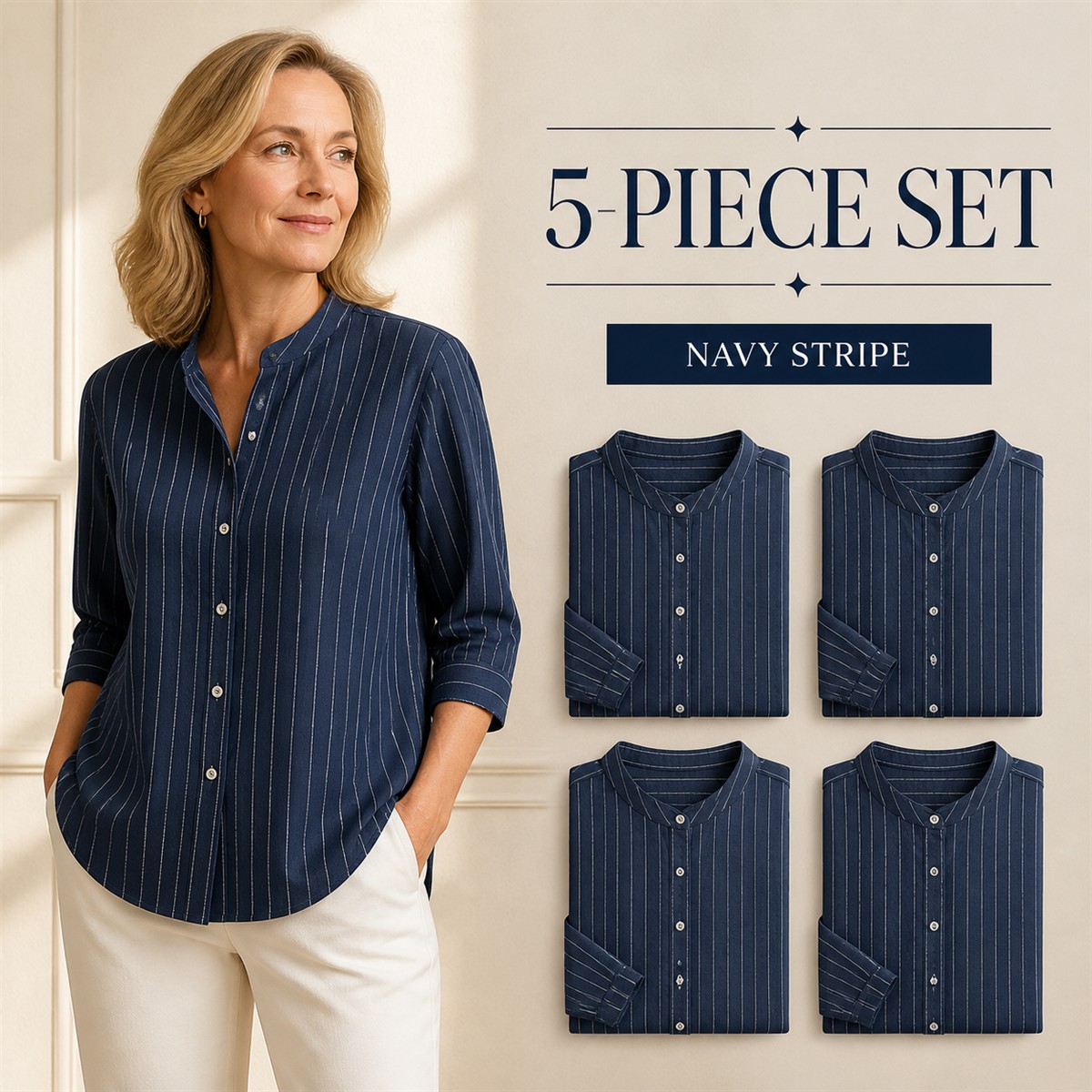 Women's Striped Band-Collar Three-Quarter Sleeve Button-Front Shirt - 5-Piece Navy Stripe Set - $22.99