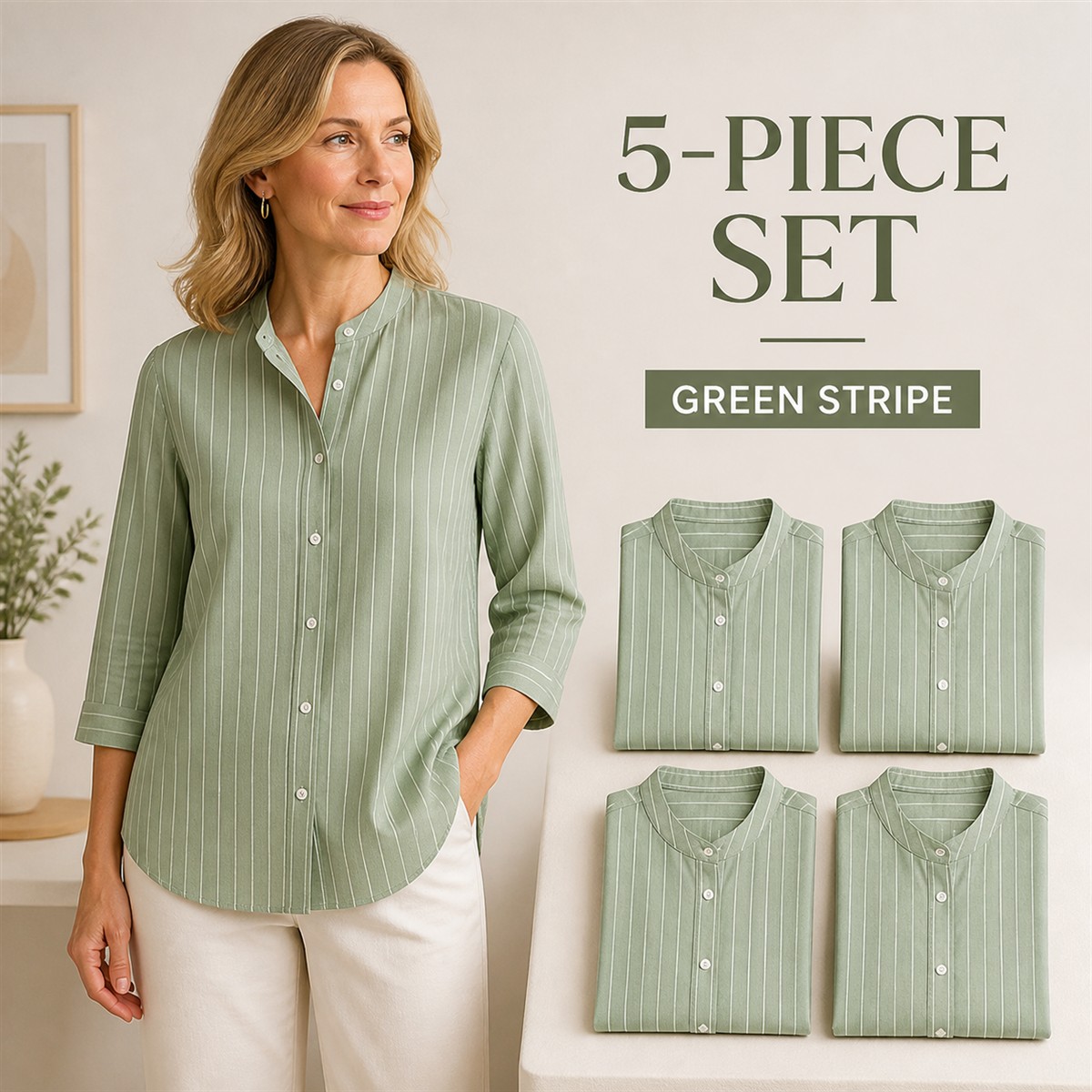 Women's Striped Band-Collar Three-Quarter Sleeve Button-Front Shirt - 5-Piece Green Stripe Set - $22.99