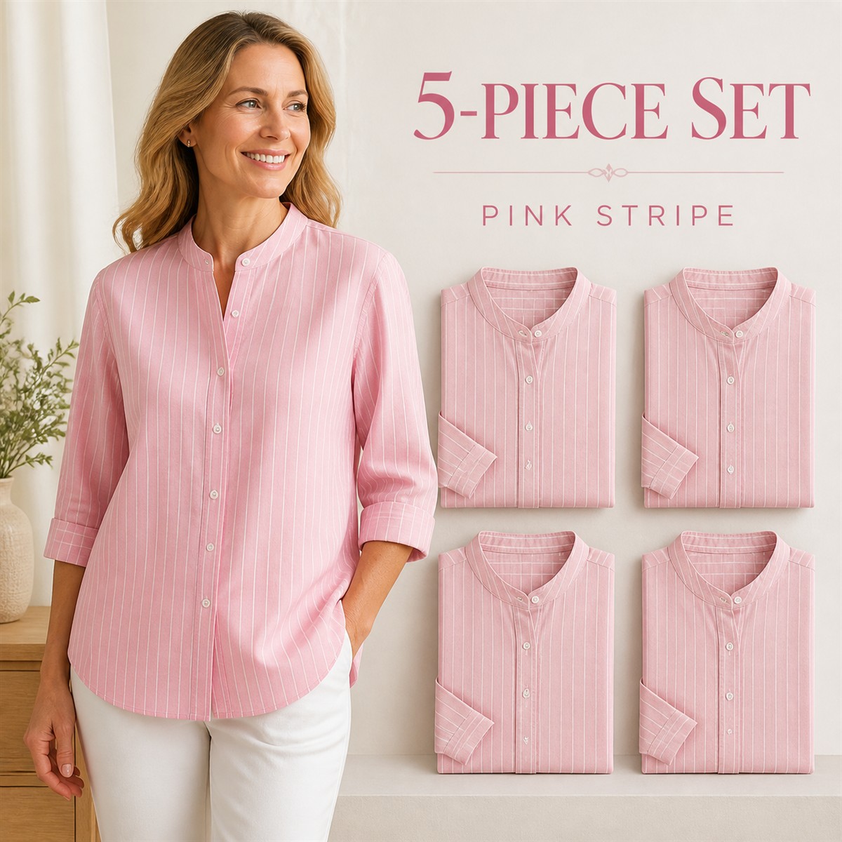 Women's Striped Band-Collar Three-Quarter Sleeve Button-Front Shirt - 5-Piece Pink Stripe Set - $22.99