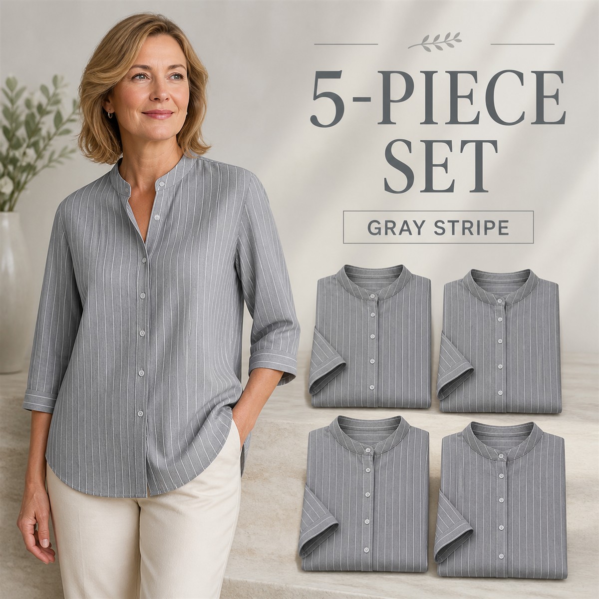 Women's Striped Band-Collar Three-Quarter Sleeve Button-Front Shirt - 5-Piece Gray Stripe Set - $22.99