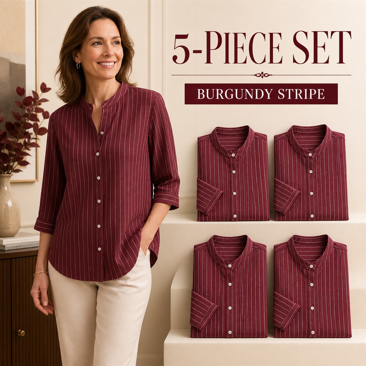 Women's Striped Band-Collar Three-Quarter Sleeve Button-Front Shirt - 5-Piece Burgundy Stripe Set - $22.99