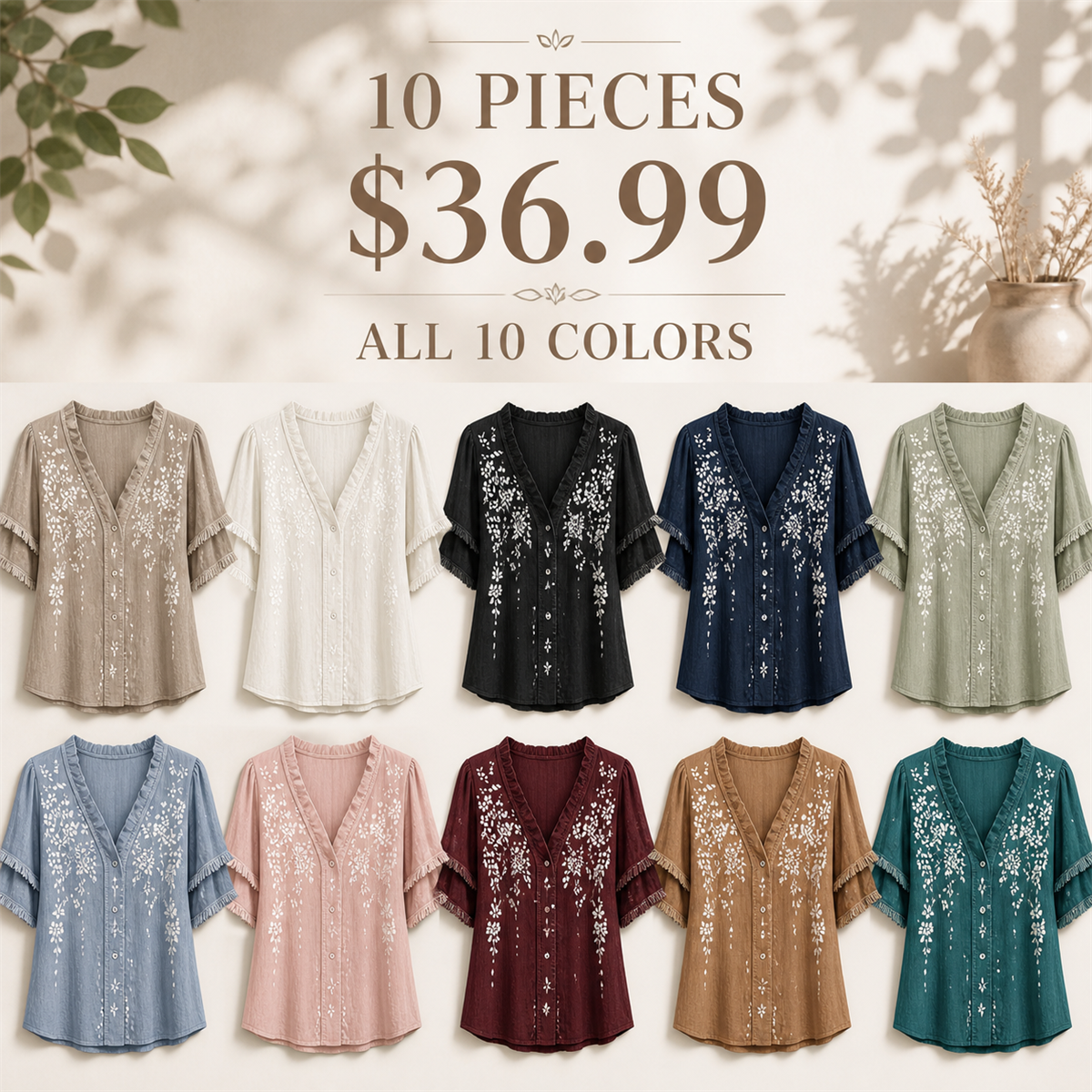 Women's Embroidered Ruffle-Neck Short-Sleeve Button-Front Blouse - 10 Piece - Complete Color Collection - 36.99 $