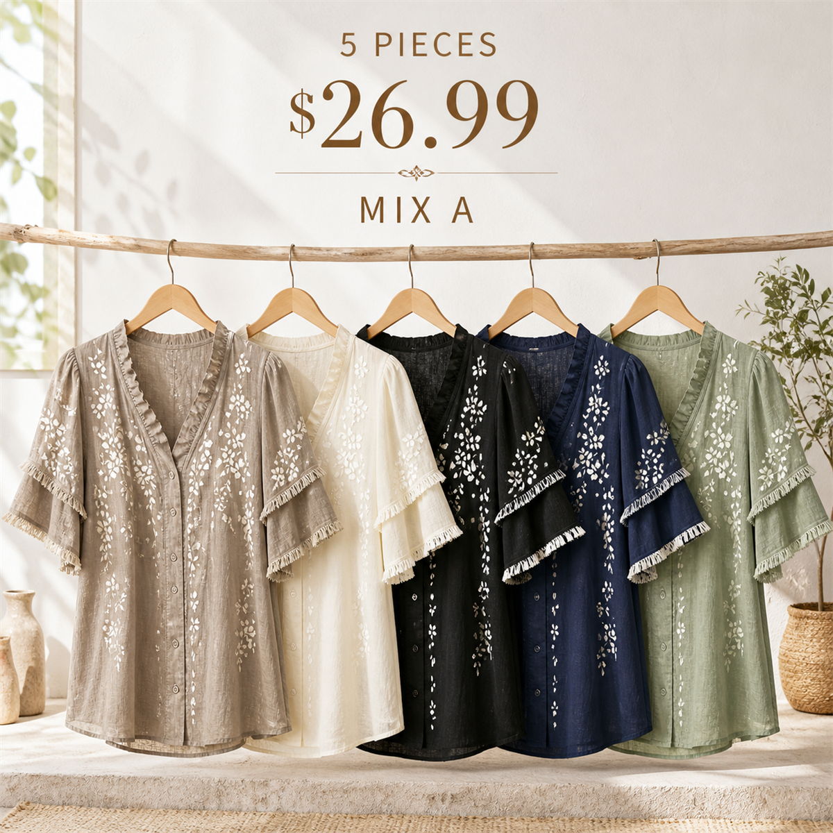 Women's Embroidered Ruffle-Neck Short-Sleeve Button-Front Blouse - 5 Piece - Classic Color Set - 26.99 $