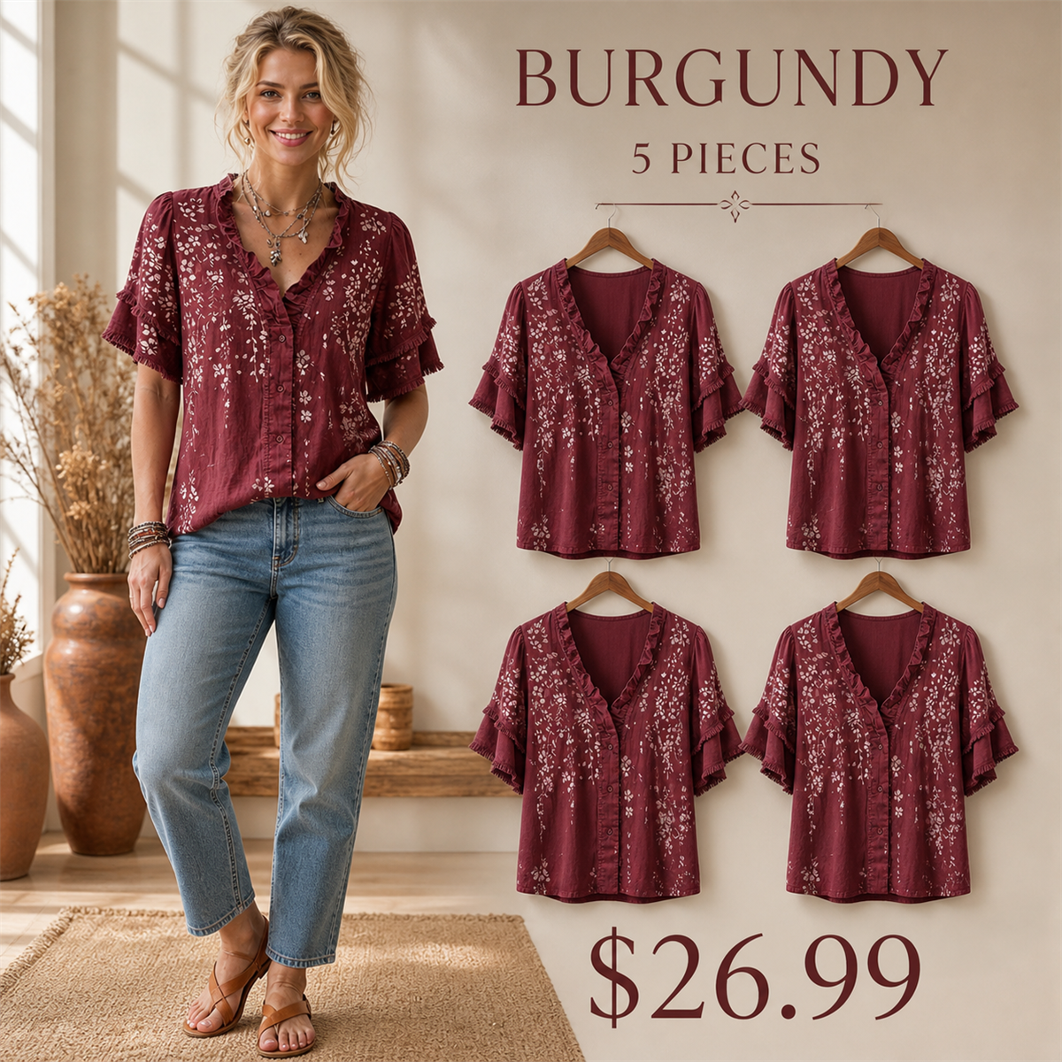 Women's Embroidered Ruffle-Neck Short-Sleeve Button-Front Blouse - 5-Piece Burgundy Set - 26.99 $