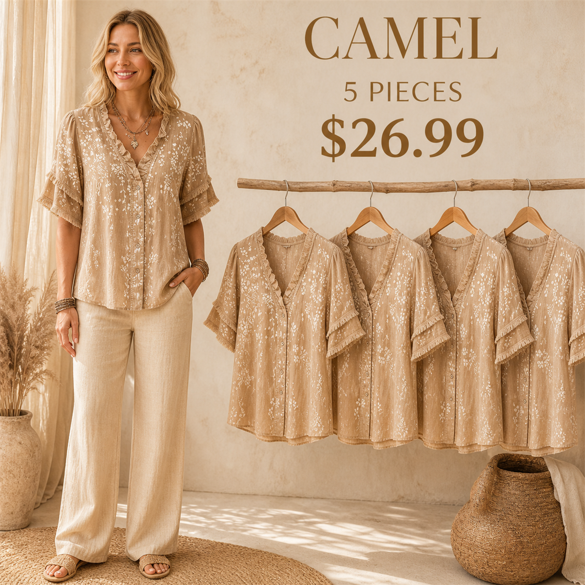 Women's Embroidered Ruffle-Neck Short-Sleeve Button-Front Blouse - 5-Piece Camel Set - 26.99 $