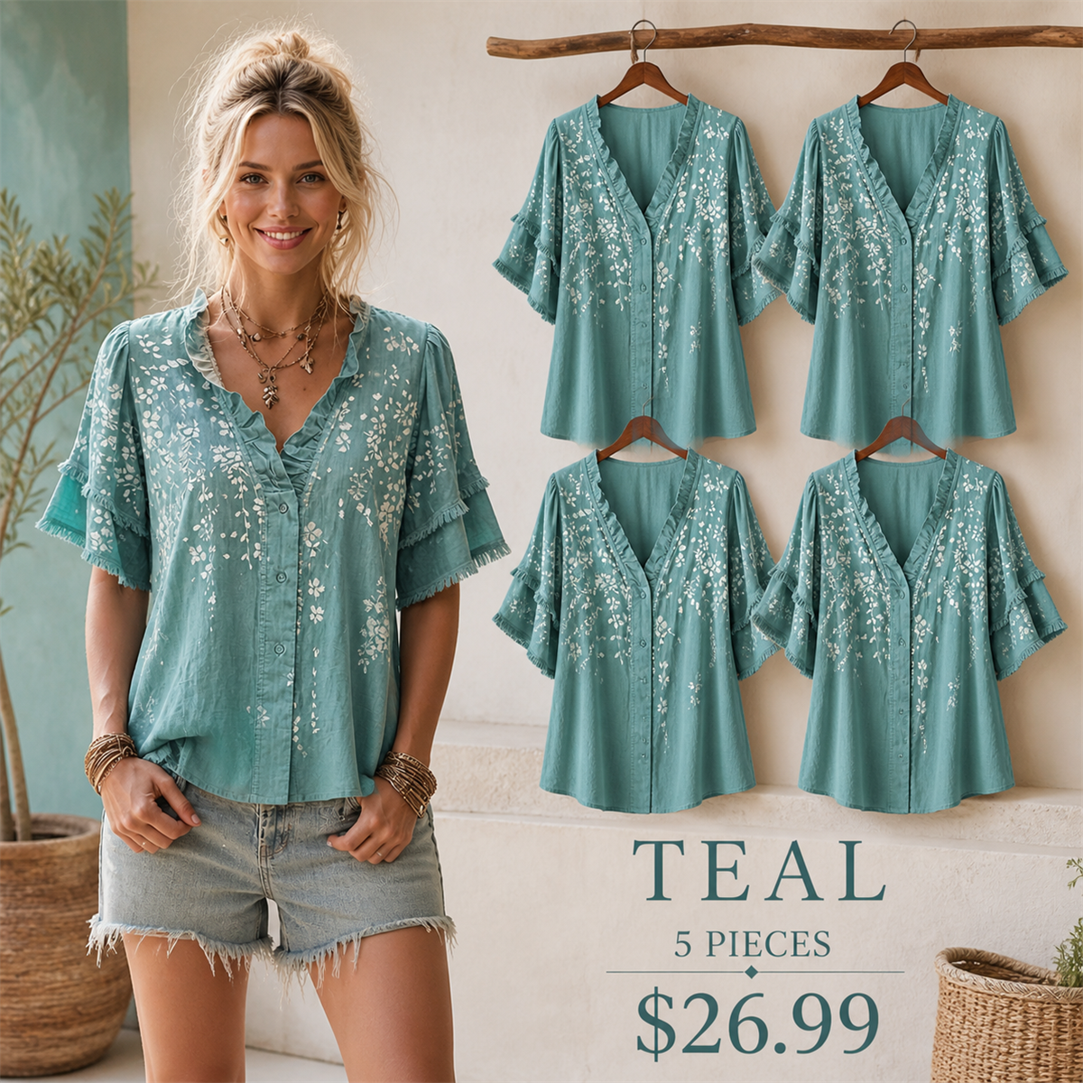 Women's Embroidered Ruffle-Neck Short-Sleeve Button-Front Blouse - 5-Piece Teal Set - 26.99 $