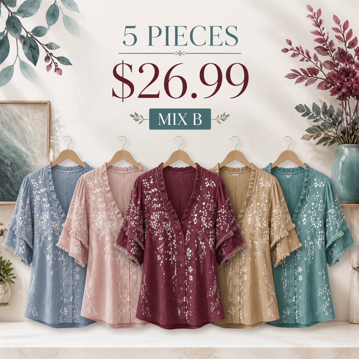 Women's Embroidered Ruffle-Neck Short-Sleeve Button-Front Blouse - 5 Piece - Soft Color Set - 26.99 $