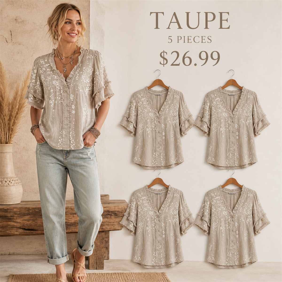 Women's Embroidered Ruffle-Neck Short-Sleeve Button-Front Blouse - 5-Piece Taupe Set - 26.99 $