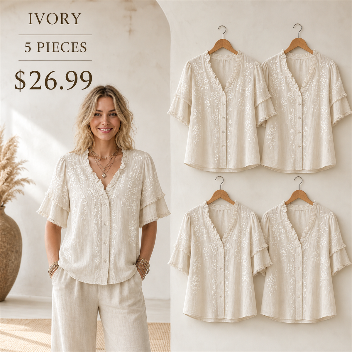 Women's Embroidered Ruffle-Neck Short-Sleeve Button-Front Blouse - 5-Piece Ivory Set - 26.99 $