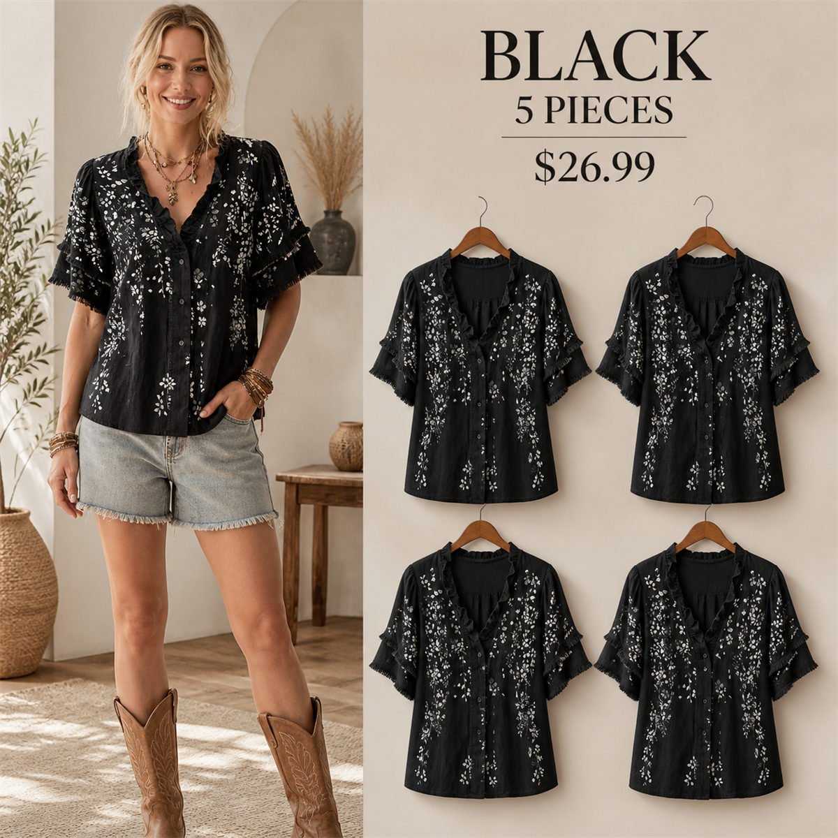 Women's Embroidered Ruffle-Neck Short-Sleeve Button-Front Blouse - 5-Piece Black Set - 26.99 $