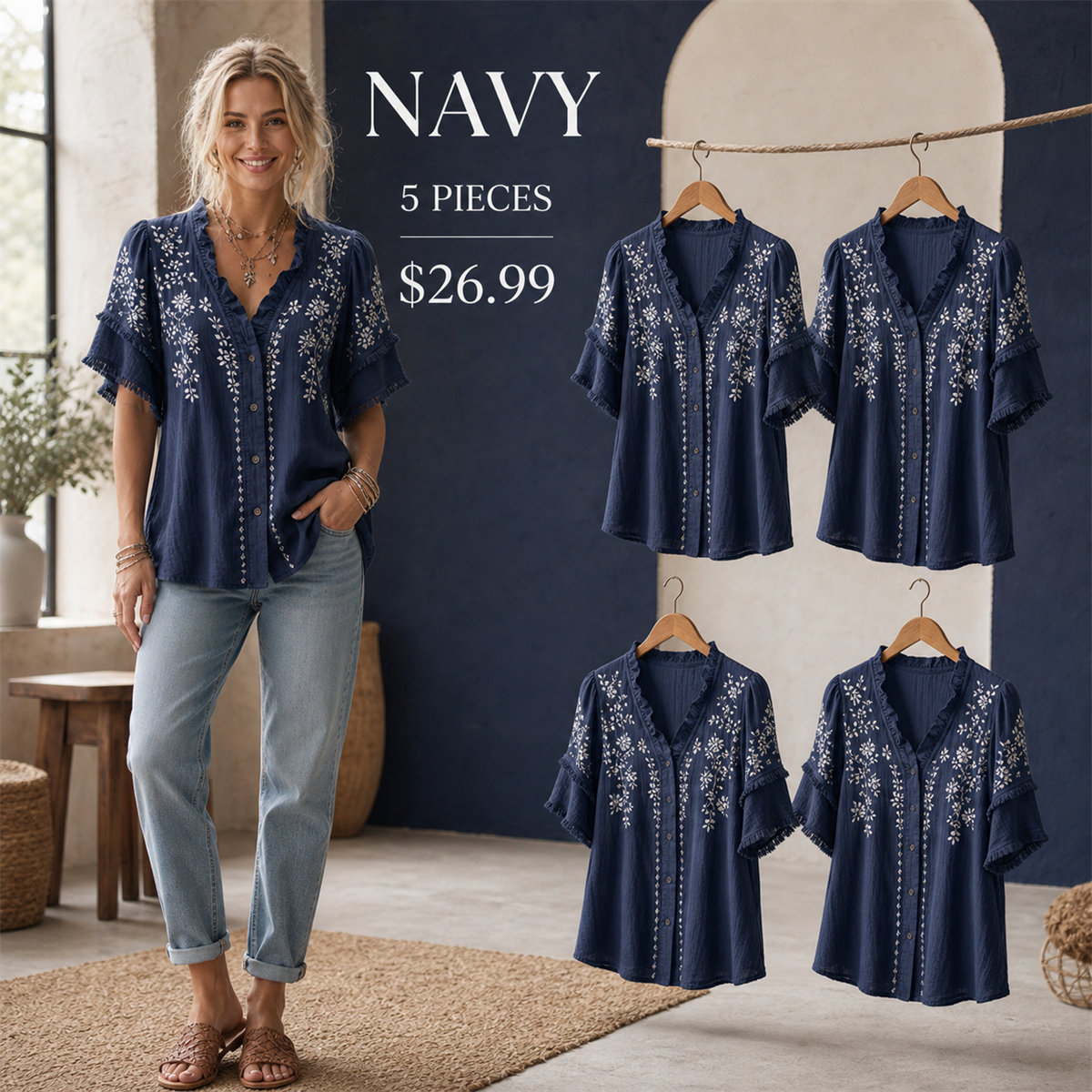Women's Embroidered Ruffle-Neck Short-Sleeve Button-Front Blouse - 5-Piece Navy Set - 26.99 $