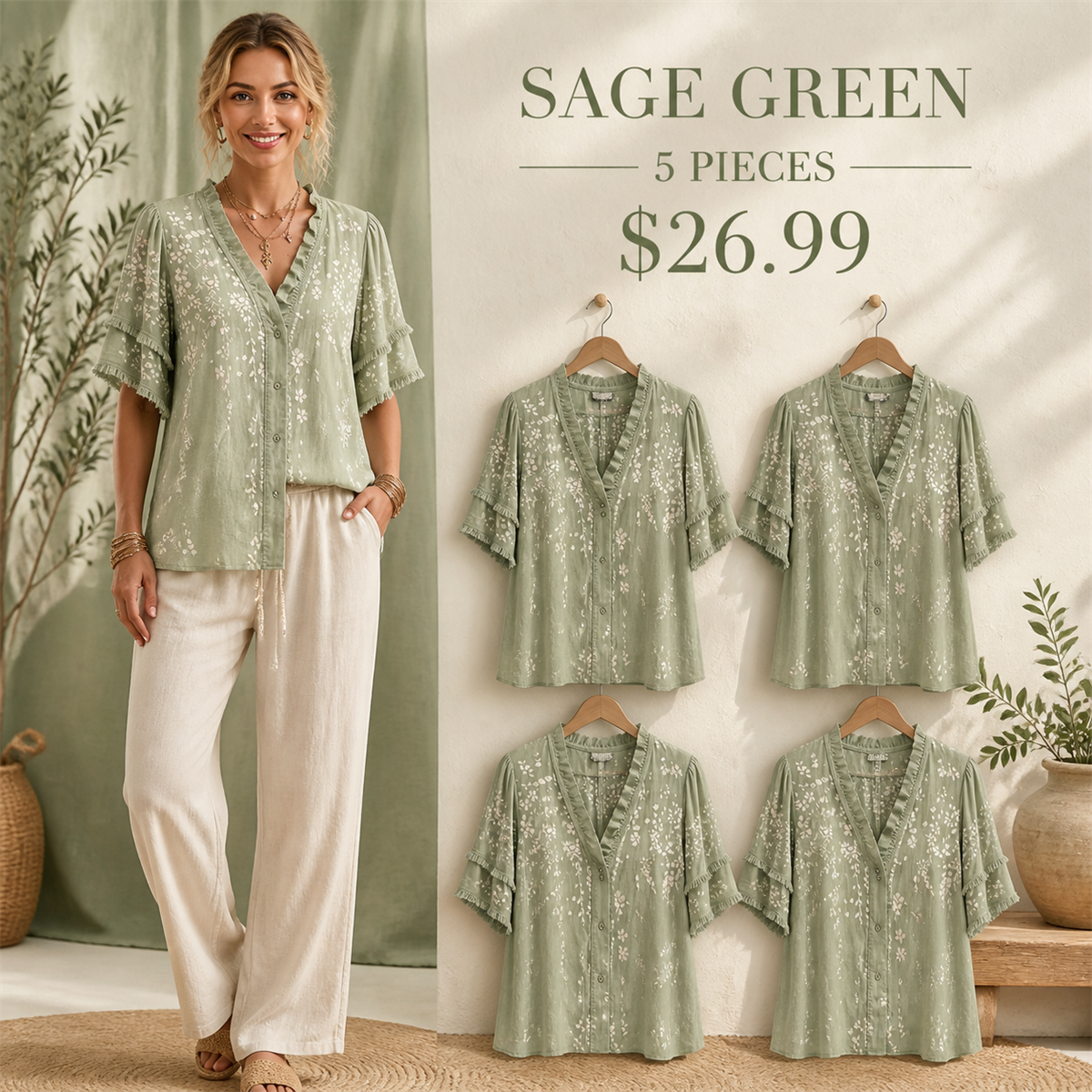 Women's Embroidered Ruffle-Neck Short-Sleeve Button-Front Blouse - 5-Piece Sage Green Set - 26.99 $