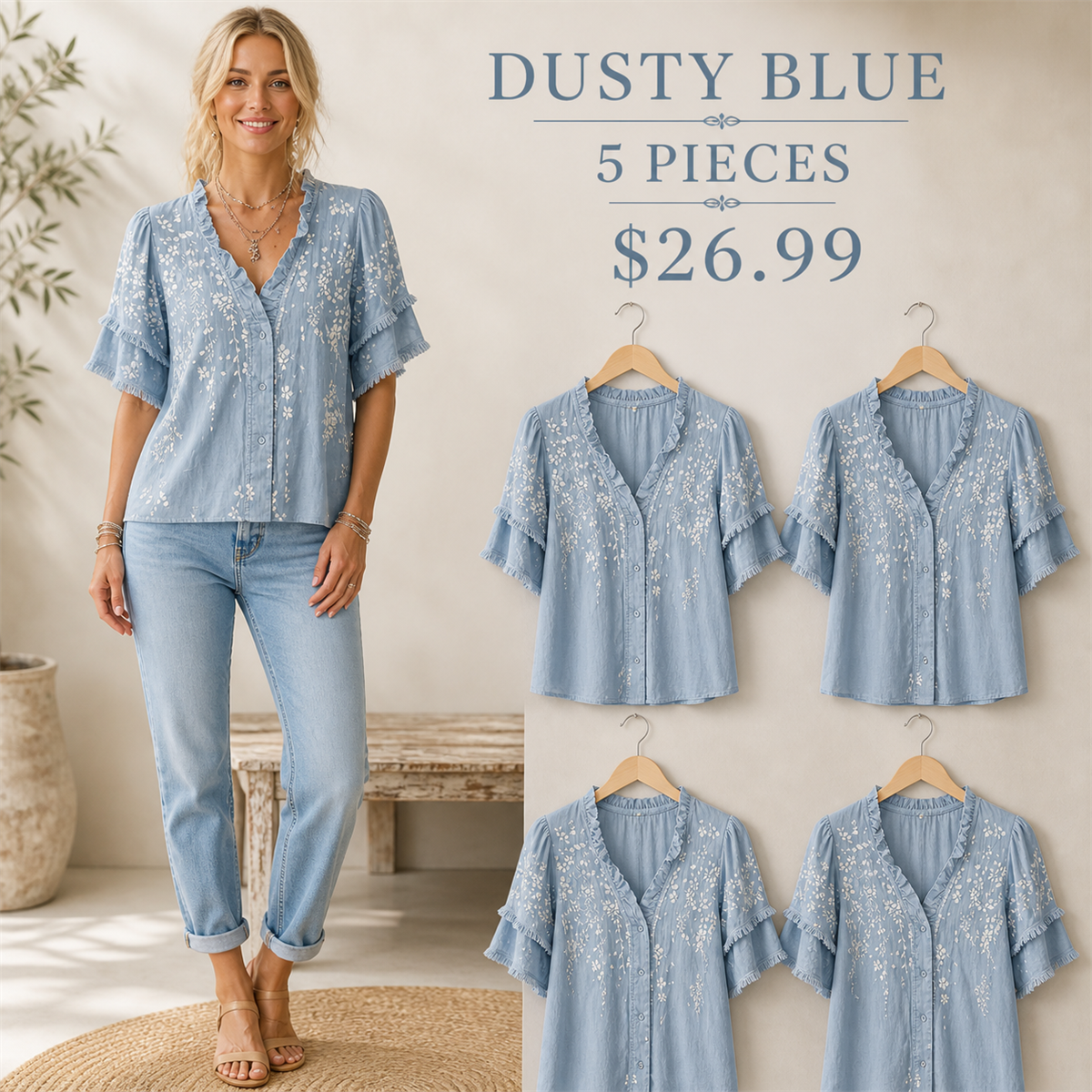 Women's Embroidered Ruffle-Neck Short-Sleeve Button-Front Blouse - 5-Piece Dusty Blue Set - 26.99 $