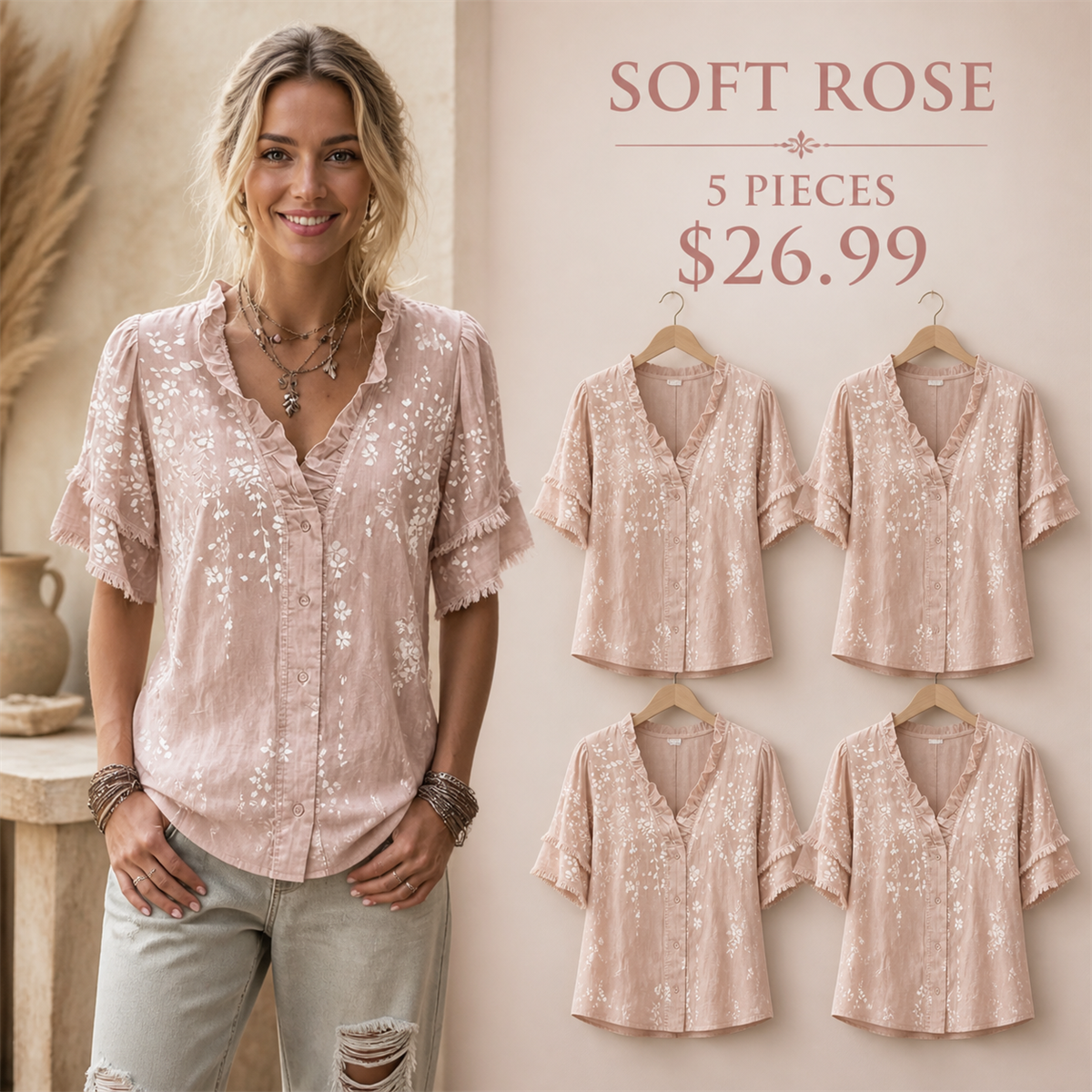 Women's Embroidered Ruffle-Neck Short-Sleeve Button-Front Blouse - 5-Piece Soft Rose Set - 26.99 $