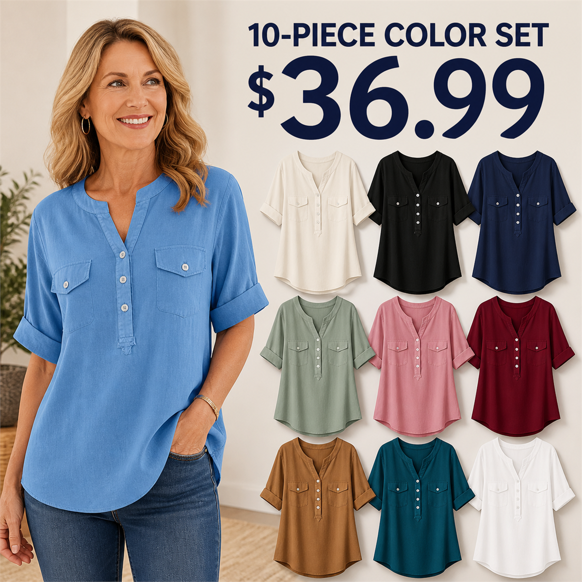 Women's Relaxed Notch-Neck Short-Sleeve Pocket Tunic Blouse - 10 Piece - Complete Color Collection - 36.99 $