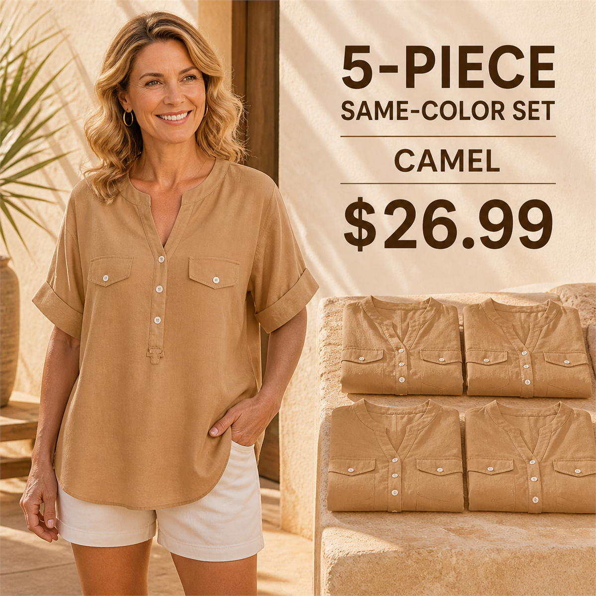 Women's Relaxed Notch-Neck Short-Sleeve Pocket Tunic Blouse - 5-Piece Camel Set - 26.99 $