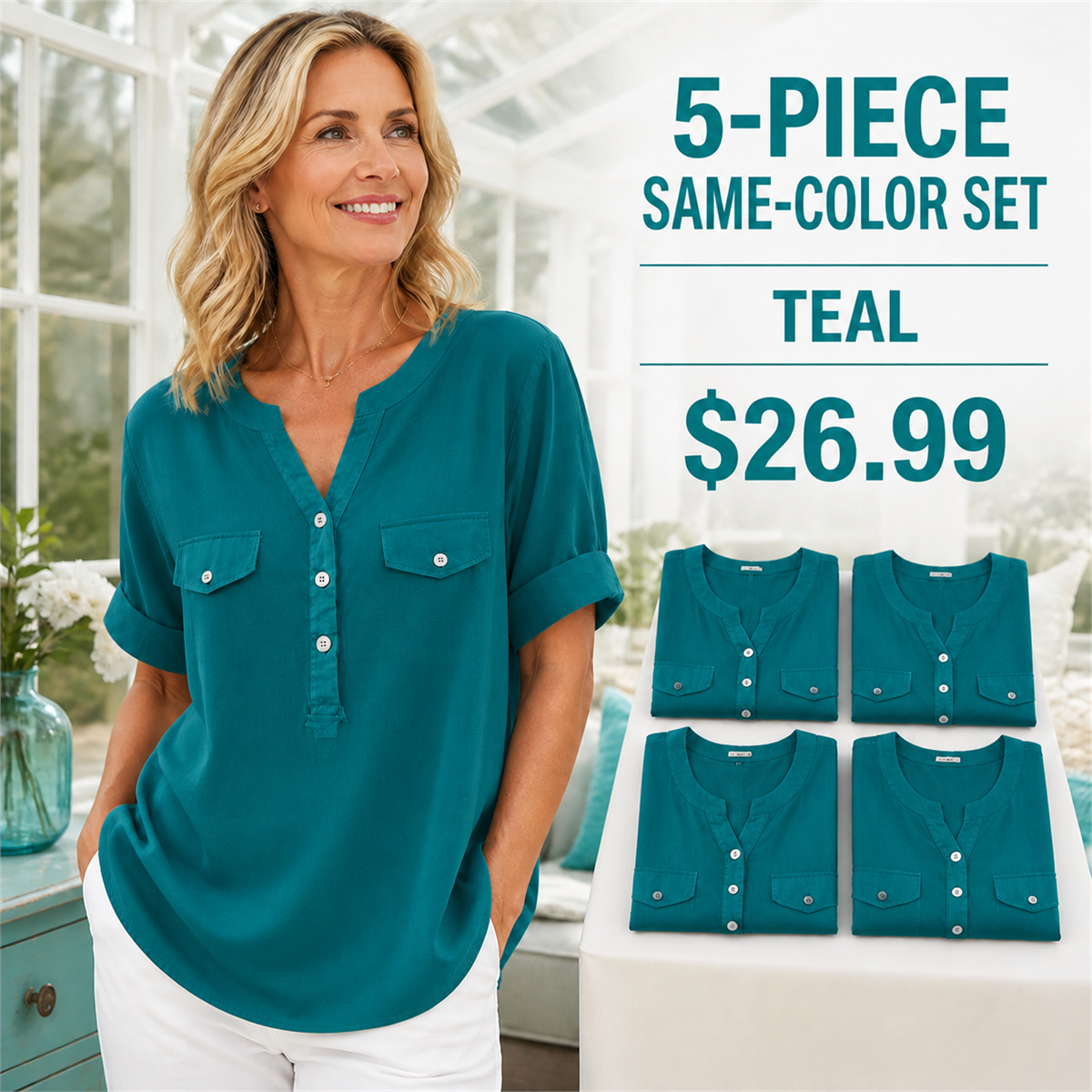 Women's Relaxed Notch-Neck Short-Sleeve Pocket Tunic Blouse - 5-Piece Teal Set - 26.99 $