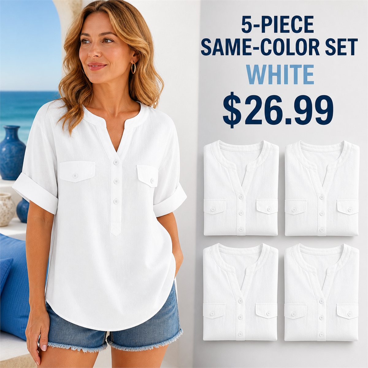 Women's Relaxed Notch-Neck Short-Sleeve Pocket Tunic Blouse - 5-Piece White Set - 26.99 $