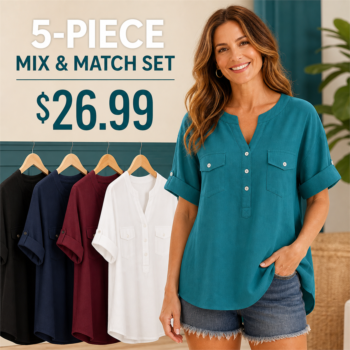 Women's Relaxed Notch-Neck Short-Sleeve Pocket Tunic Blouse - 5 Piece - Soft Color Set - 26.99 $