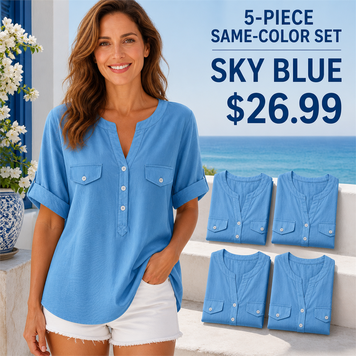 Women's Relaxed Notch-Neck Short-Sleeve Pocket Tunic Blouse - 5-Piece Sky Blue Set - 26.99 $
