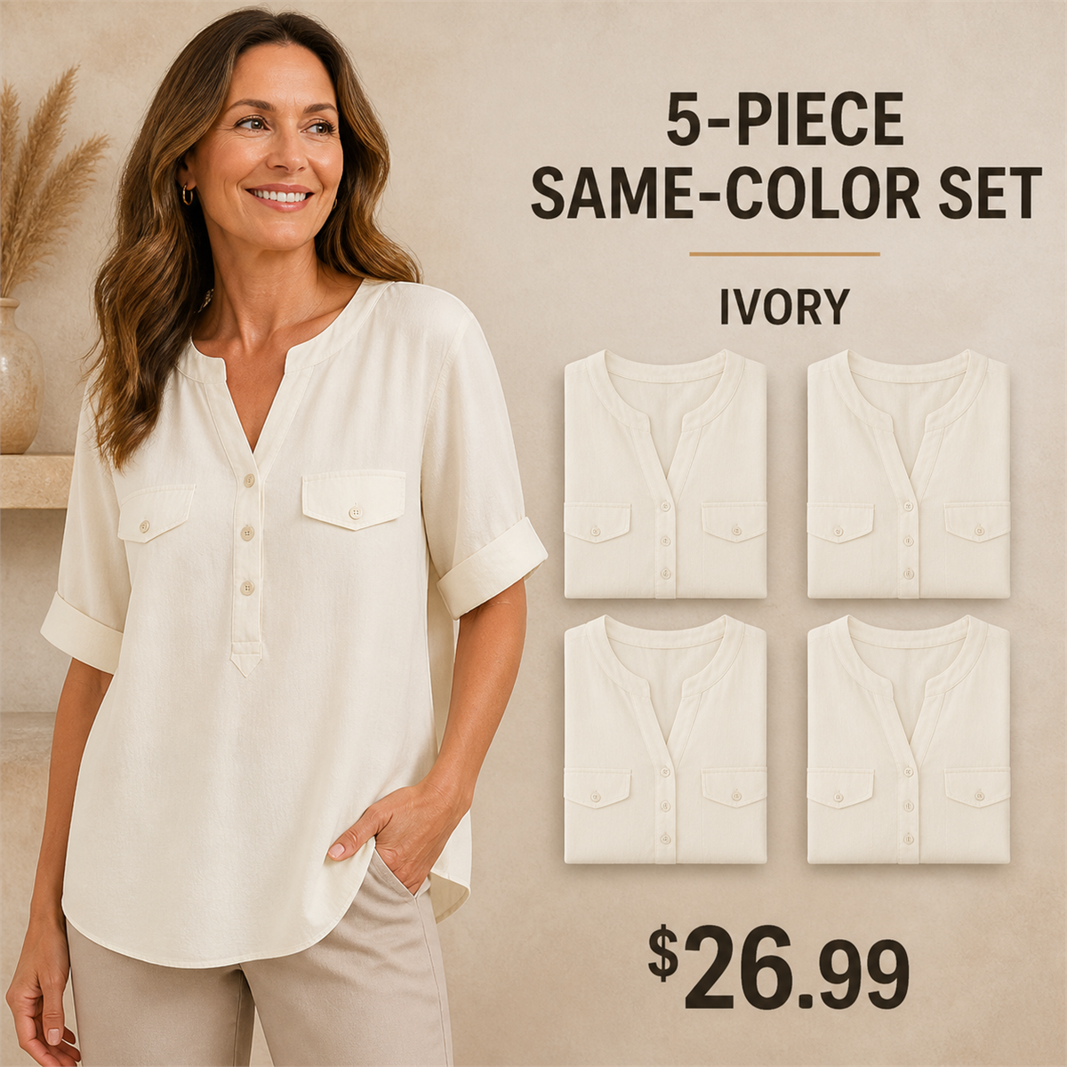 Women's Relaxed Notch-Neck Short-Sleeve Pocket Tunic Blouse - 5-Piece Ivory Set - 26.99 $