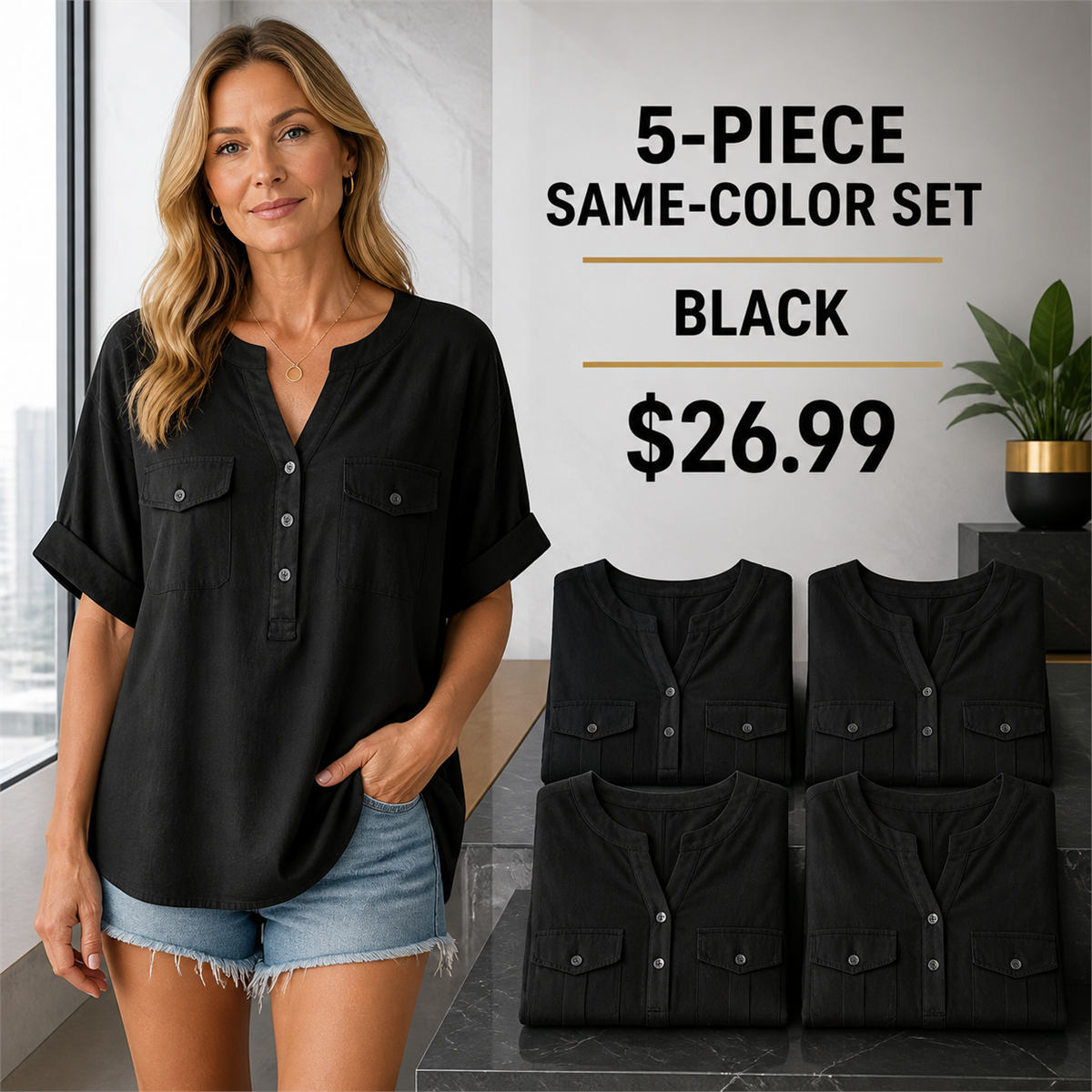 Women's Relaxed Notch-Neck Short-Sleeve Pocket Tunic Blouse - 5-Piece Black Set - 26.99 $
