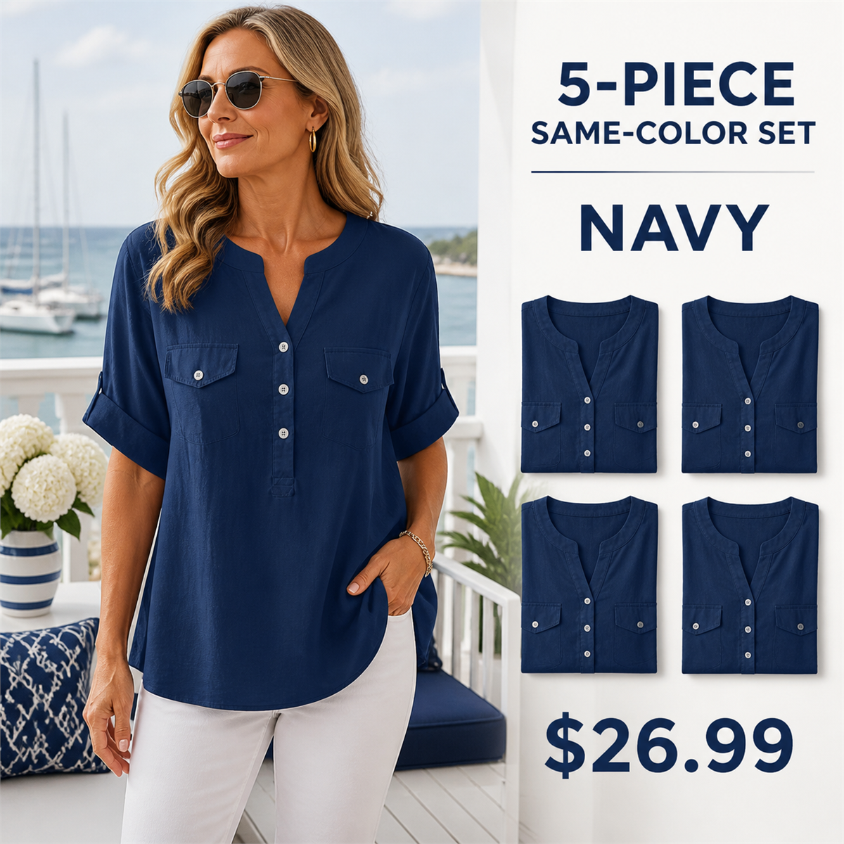 Women's Relaxed Notch-Neck Short-Sleeve Pocket Tunic Blouse - 5-Piece Navy Set - 26.99 $