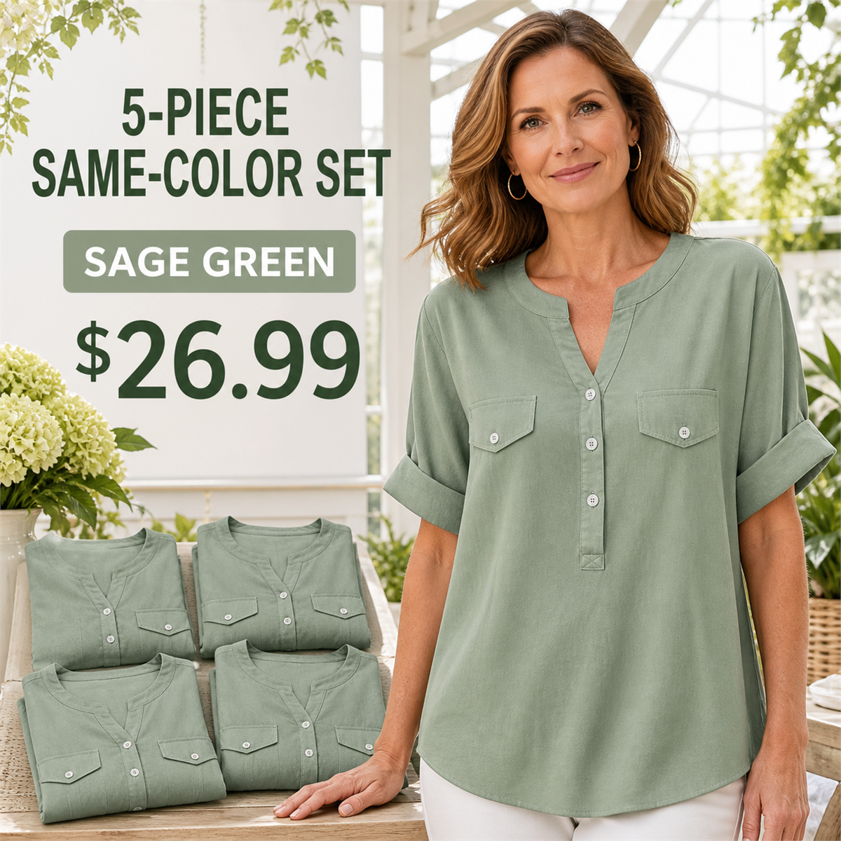 Women's Relaxed Notch-Neck Short-Sleeve Pocket Tunic Blouse - 5-Piece Sage Green Set - 26.99 $
