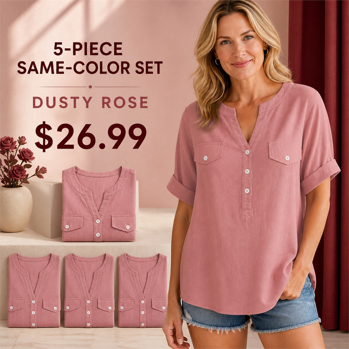 Women's Relaxed Notch-Neck Short-Sleeve Pocket Tunic Blouse - 5-Piece Dusty Rose Set - 26.99 $