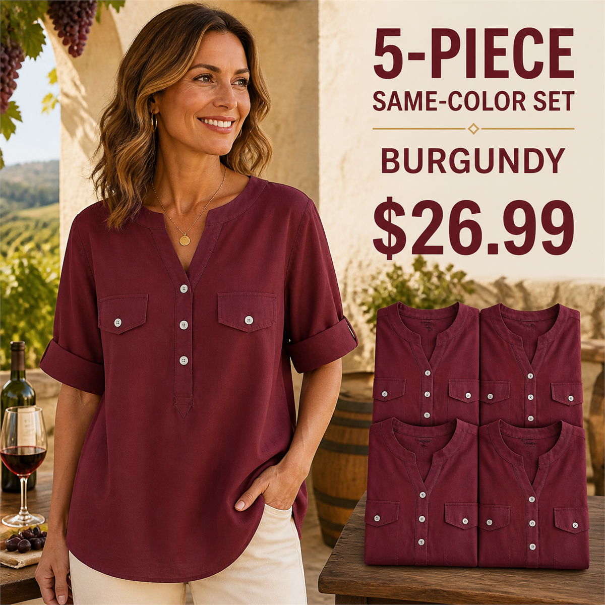Women's Relaxed Notch-Neck Short-Sleeve Pocket Tunic Blouse - 5-Piece Burgundy Set - 26.99 $