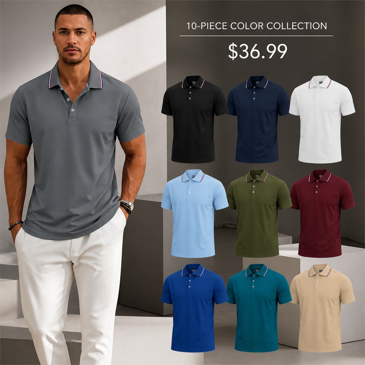 Men's Contrast-Trim Short-Sleeve Polo Shirt - 10 Piece - Complete Color Collection - 36.99 $