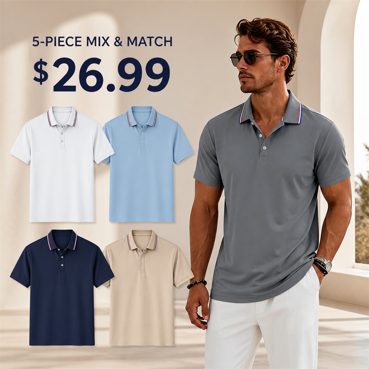 Men's Contrast-Trim Short-Sleeve Polo Shirt - 5 Piece - Classic Color Set - 26.99 $