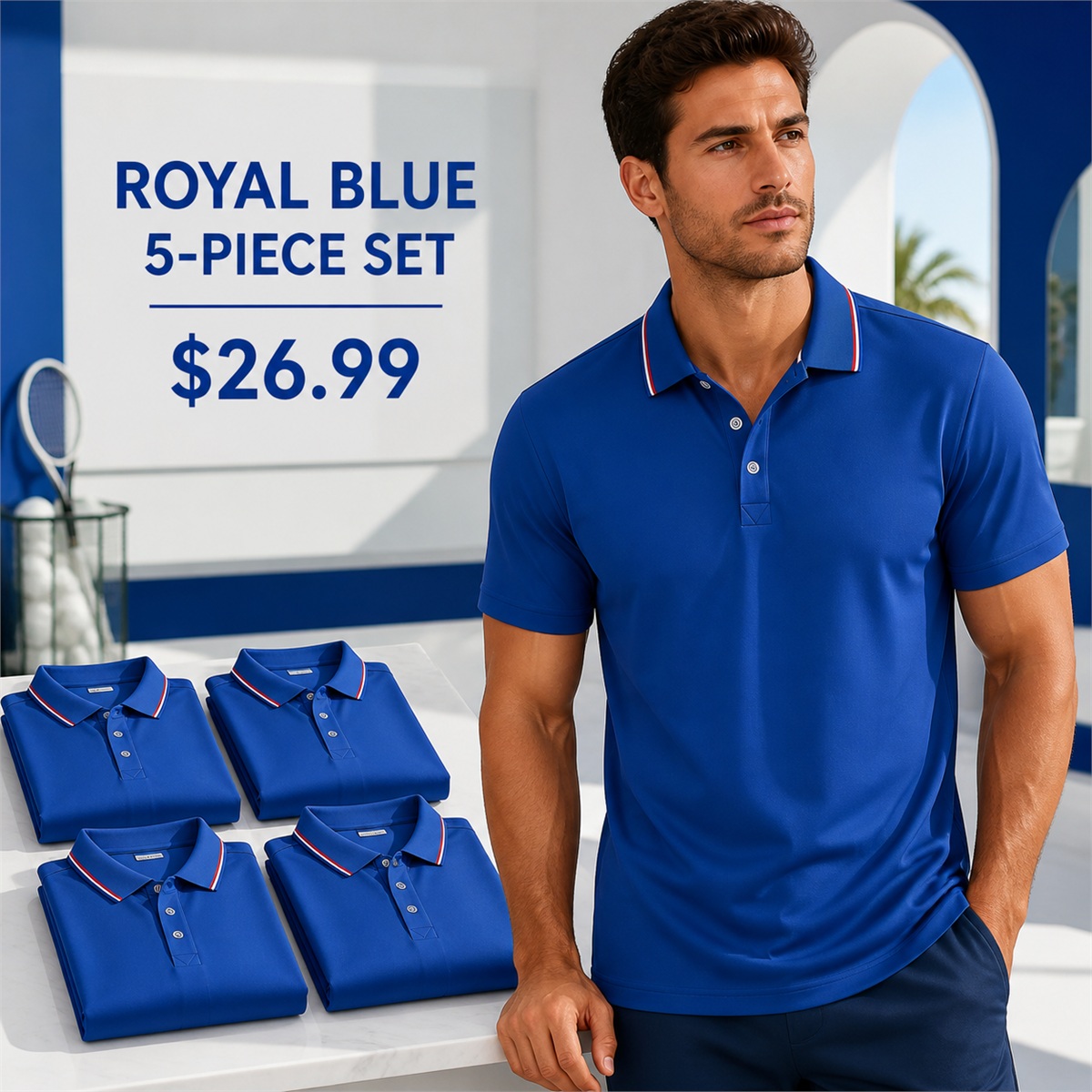 Men's Contrast-Trim Short-Sleeve Polo Shirt - 5-Piece Royal Blue Set - 26.99 $