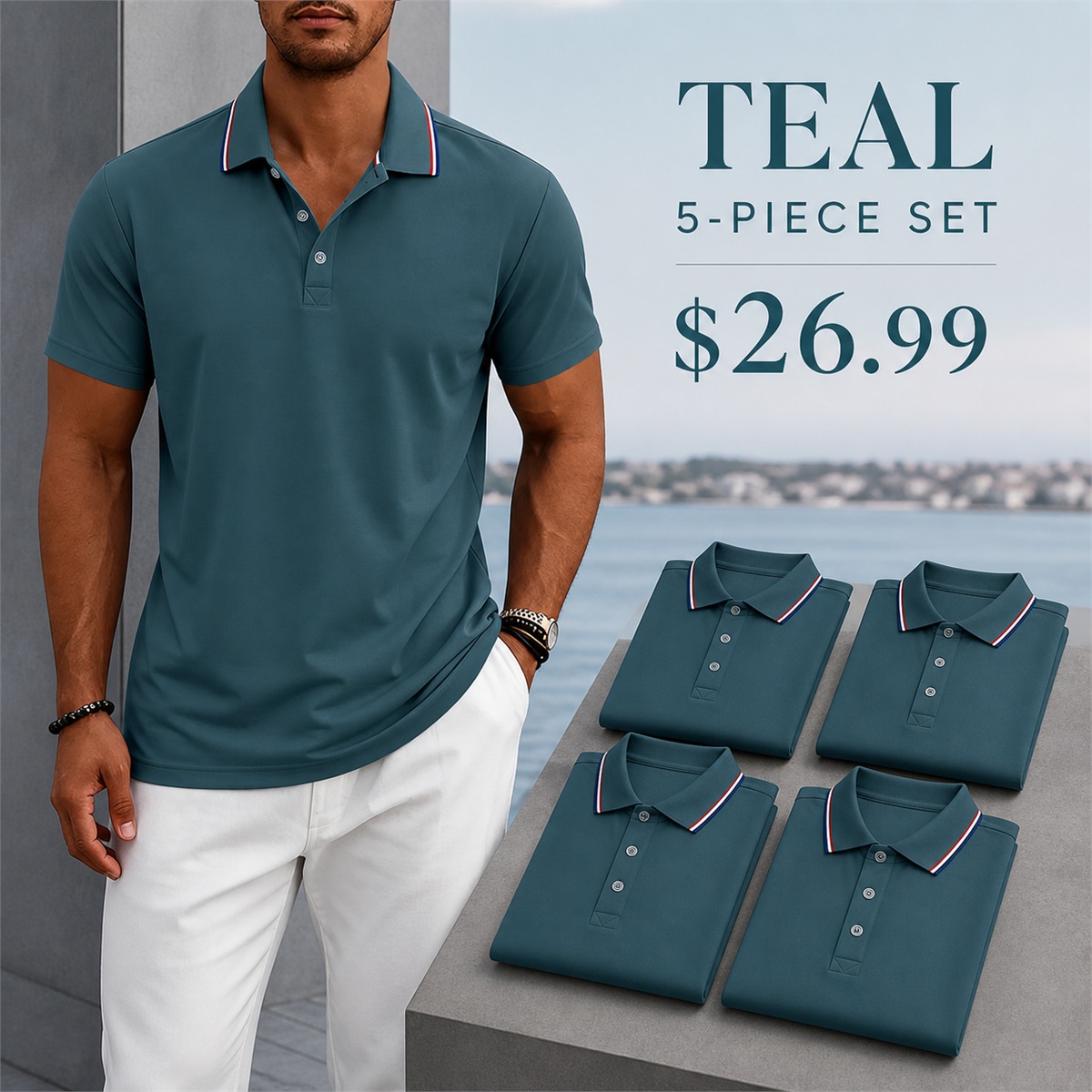 Men's Contrast-Trim Short-Sleeve Polo Shirt - 5-Piece Teal Set - 26.99 $