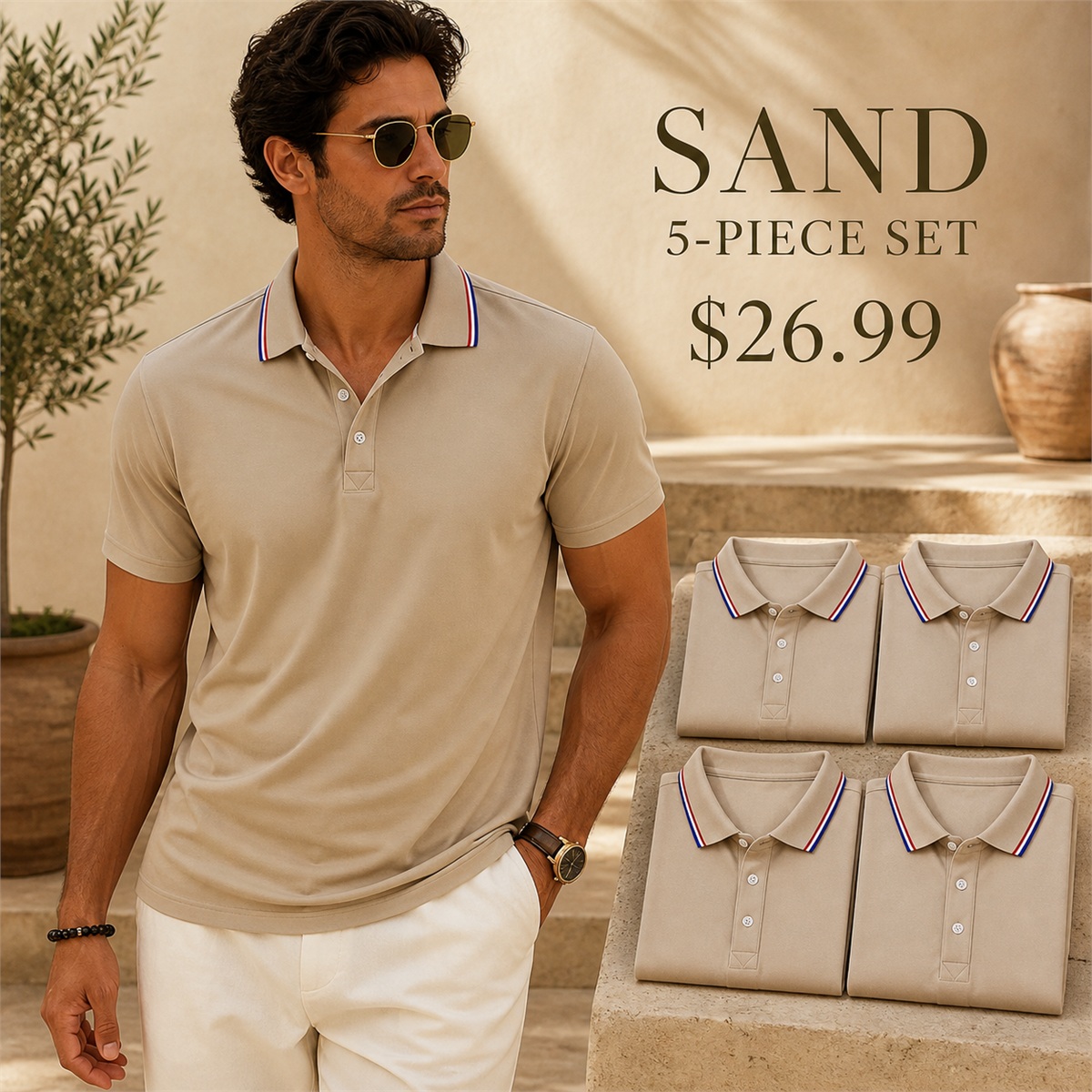 Men's Contrast-Trim Short-Sleeve Polo Shirt - 5-Piece Sand Set - 26.99 $