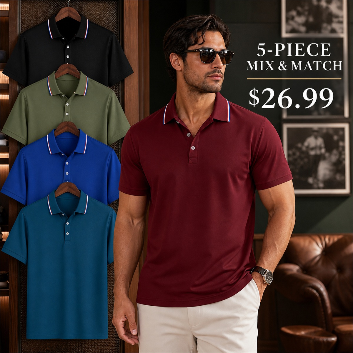 Men's Contrast-Trim Short-Sleeve Polo Shirt - 5 Piece - Soft Color Set - 26.99 $