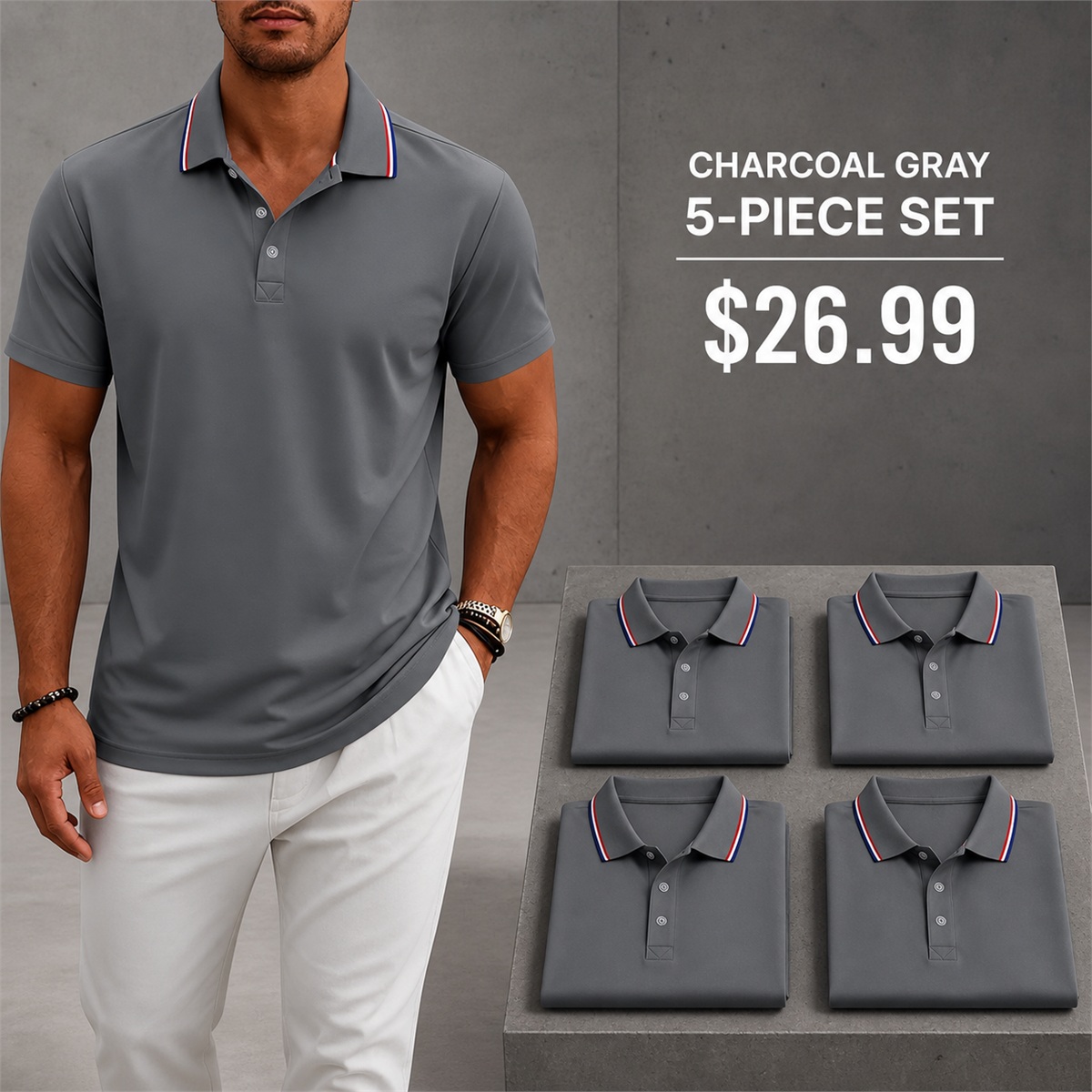 Men's Contrast-Trim Short-Sleeve Polo Shirt - 5-Piece Charcoal Gray Set - 26.99 $