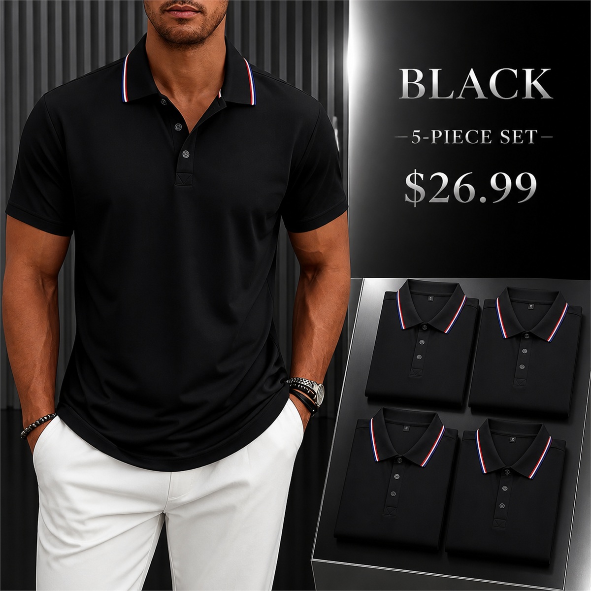 Men's Contrast-Trim Short-Sleeve Polo Shirt - 5-Piece Black Set - 26.99 $