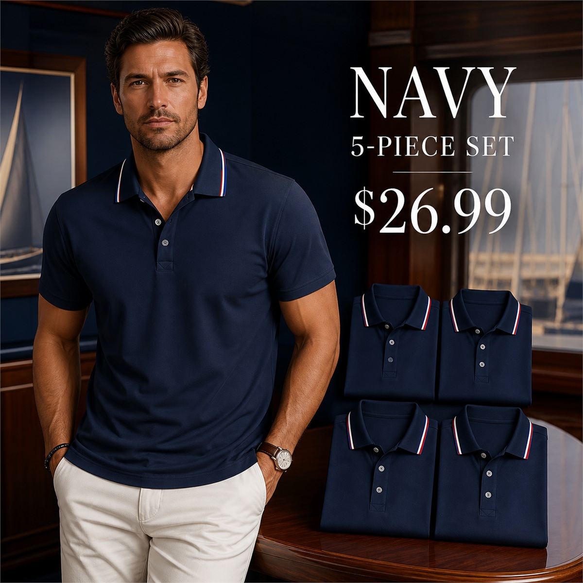 Men's Contrast-Trim Short-Sleeve Polo Shirt - 5-Piece Navy Set - 26.99 $