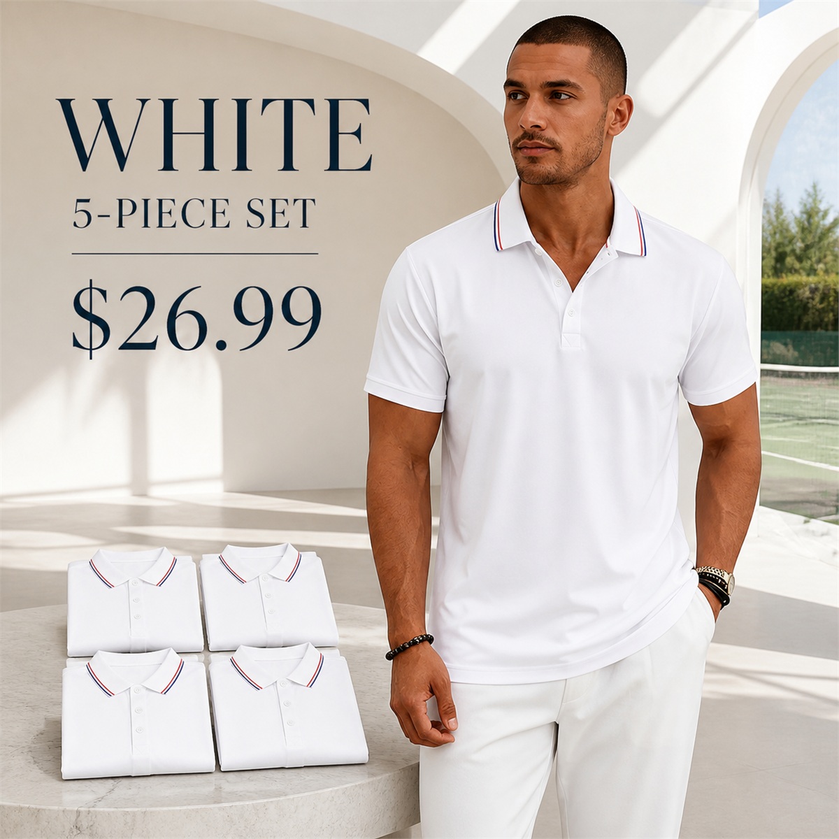 Men's Contrast-Trim Short-Sleeve Polo Shirt - 5-Piece White Set - 26.99 $