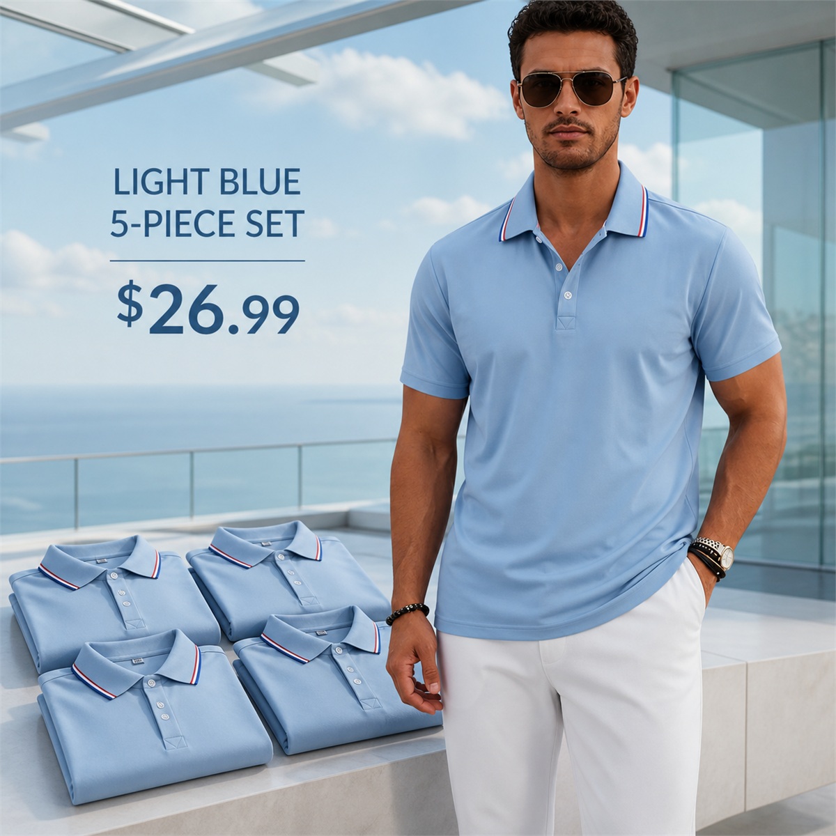 Men's Contrast-Trim Short-Sleeve Polo Shirt - 5-Piece Light Blue Set - 26.99 $
