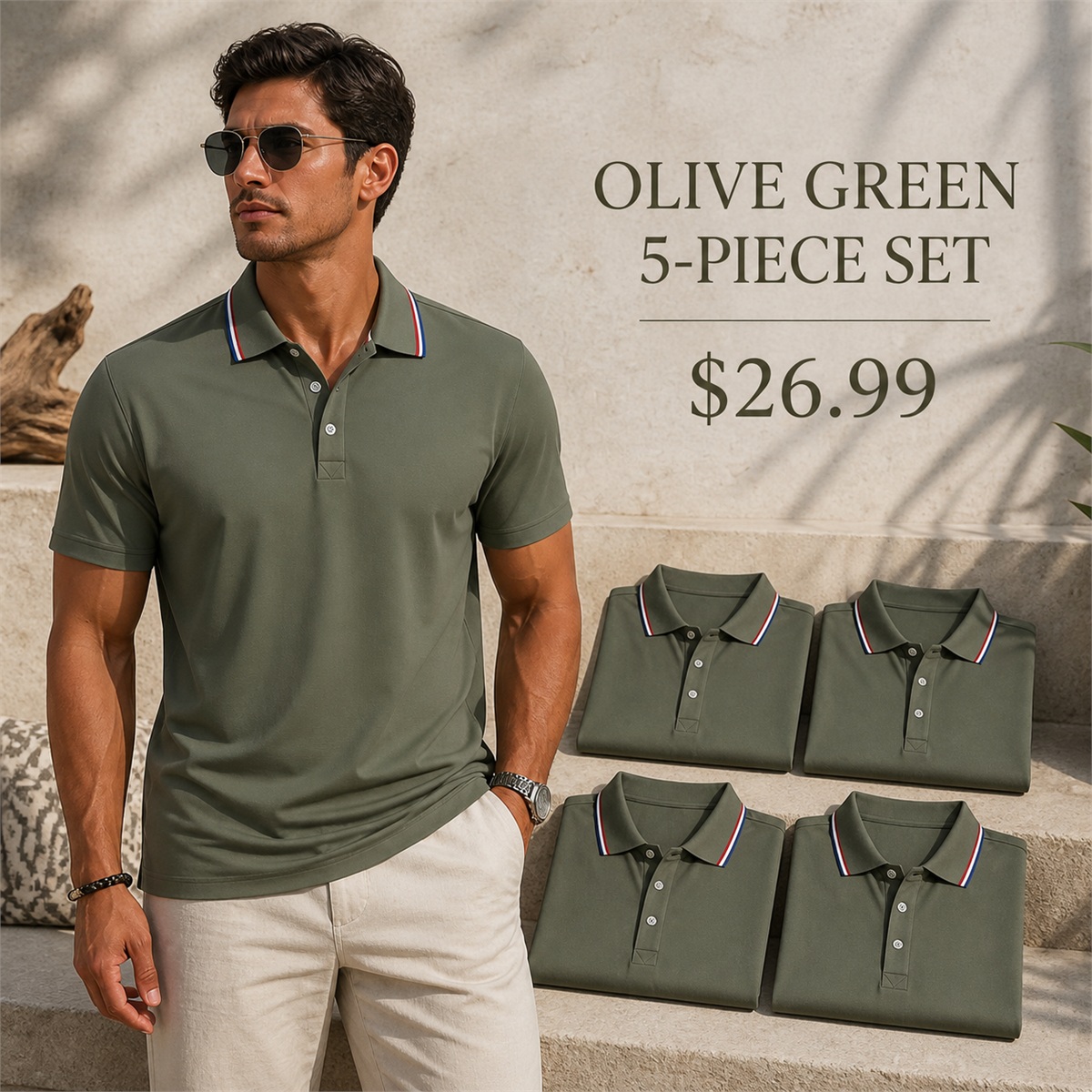 Men's Contrast-Trim Short-Sleeve Polo Shirt - 5-Piece Olive Green Set - 26.99 $