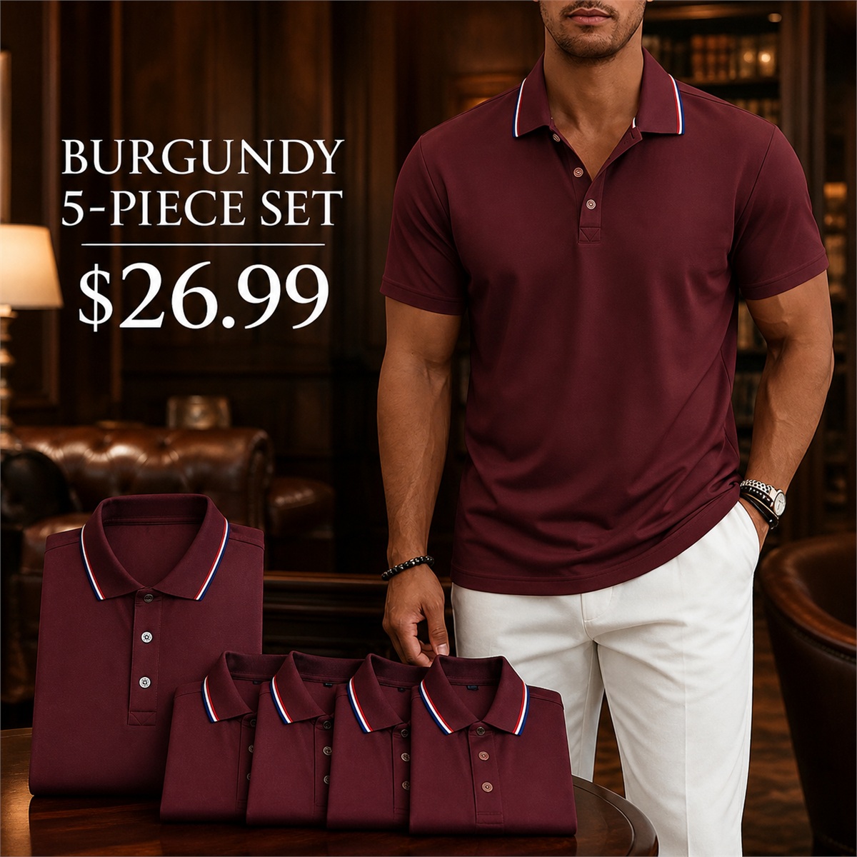 Men's Contrast-Trim Short-Sleeve Polo Shirt - 5-Piece Burgundy Set - 26.99 $